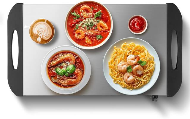 Front. MOOSOO - Electric Warming Tray, Food Warmer Tray for Buffet, Adjustable Temperature Control, Hot Plate for Parties, Catering - Silver.