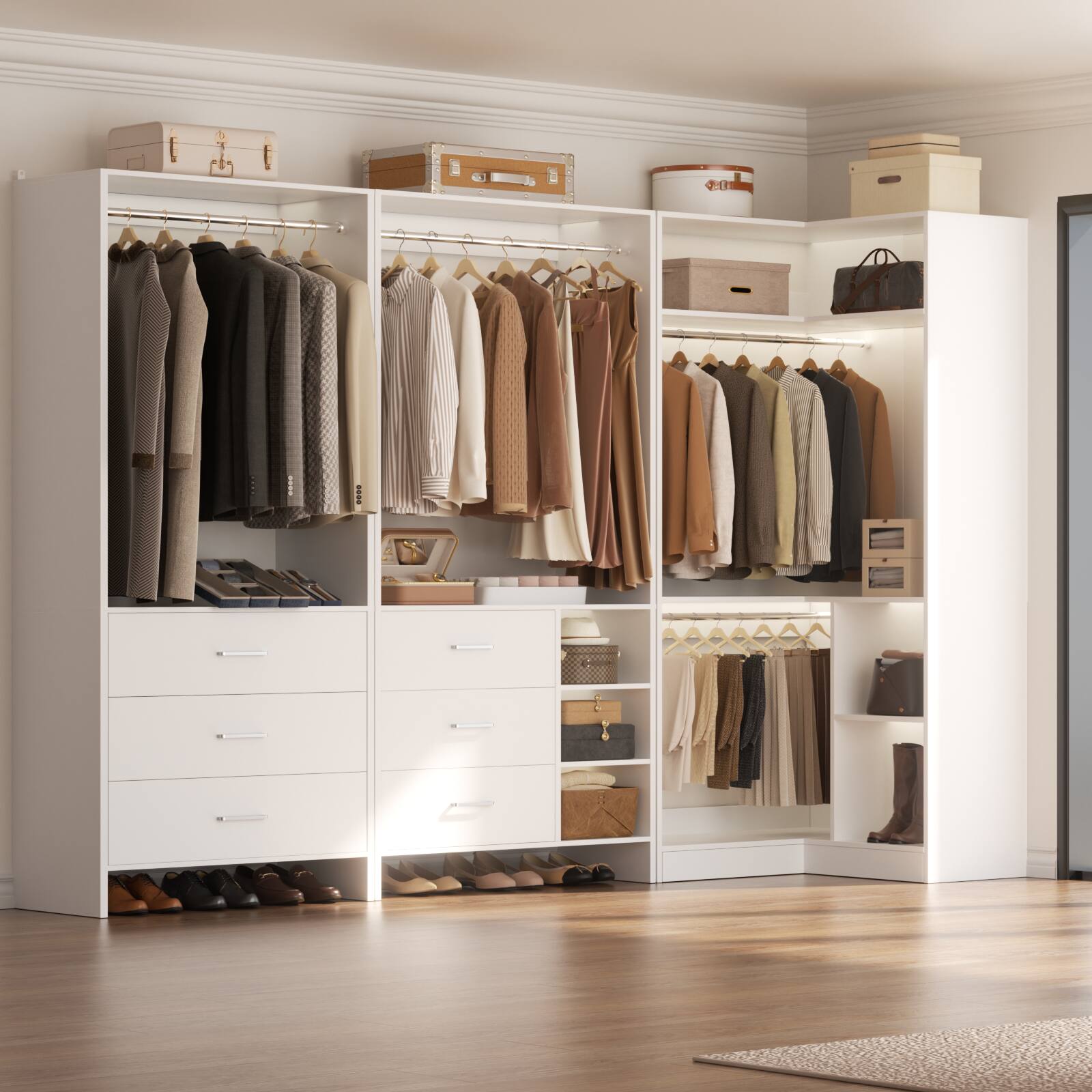 Angle. Aheaplus - L Shaped Closet System with 4 Drawers, 4 Hanging Rods, and Corner Tower, 80.9'' Corner Wardrobe System, Reversible - White.