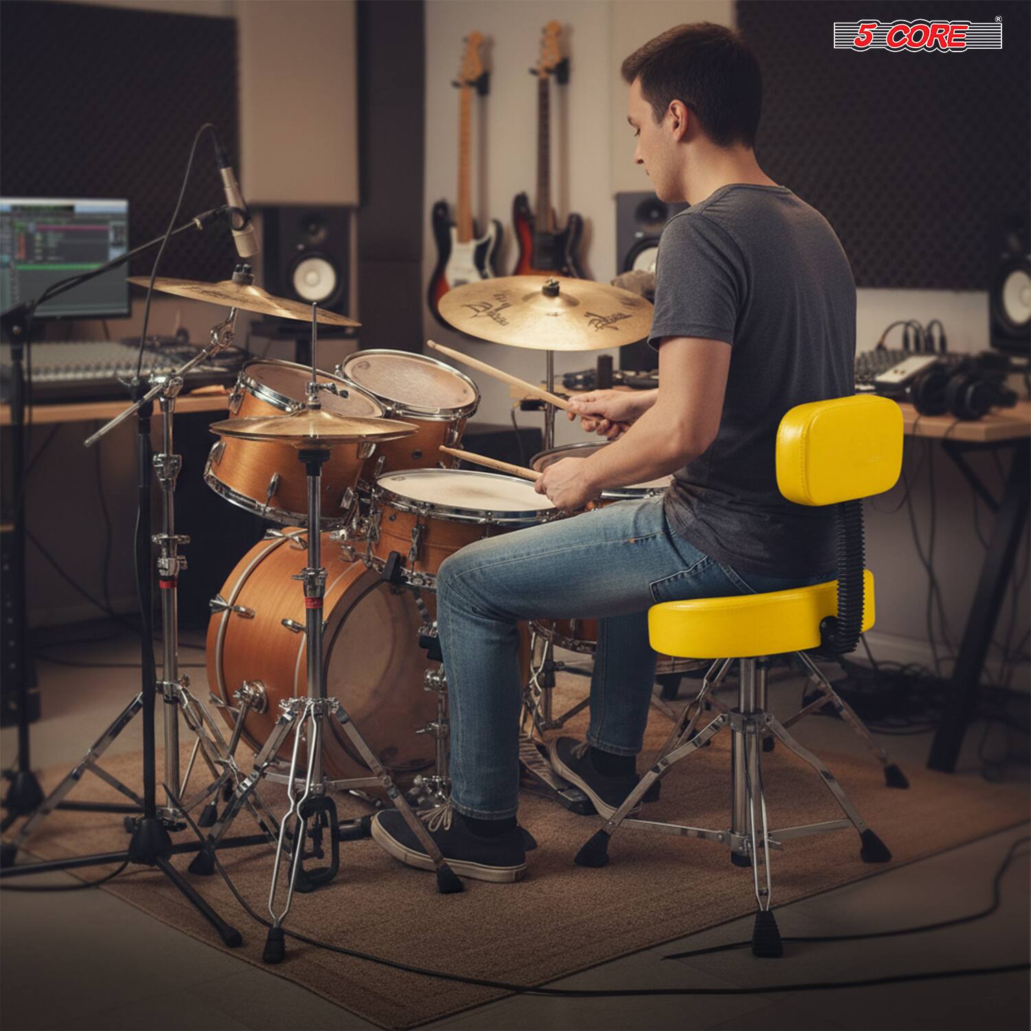 Alt View 5. 5 CORE - 5Core Drum Throne 4" Cushion Padded Stool w Backrest Airlift Height Adjustable Chair w 441Lb Capcity.