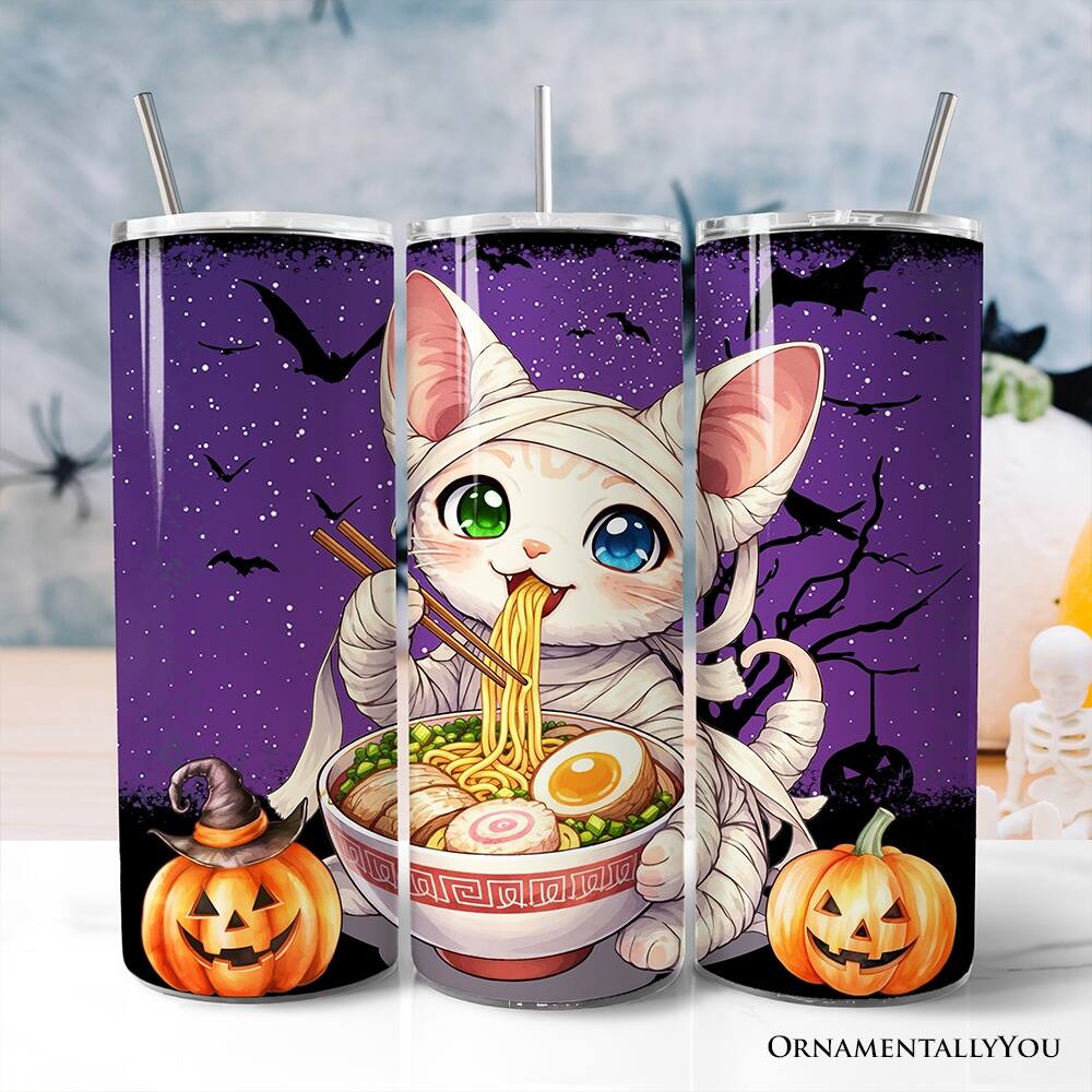 Left. OrnamentallyYou - Kawaii Halloween Ramen Sphynx Cat 20oz Tumbler With Lid and Stainless Steel Straw - Multicolored.