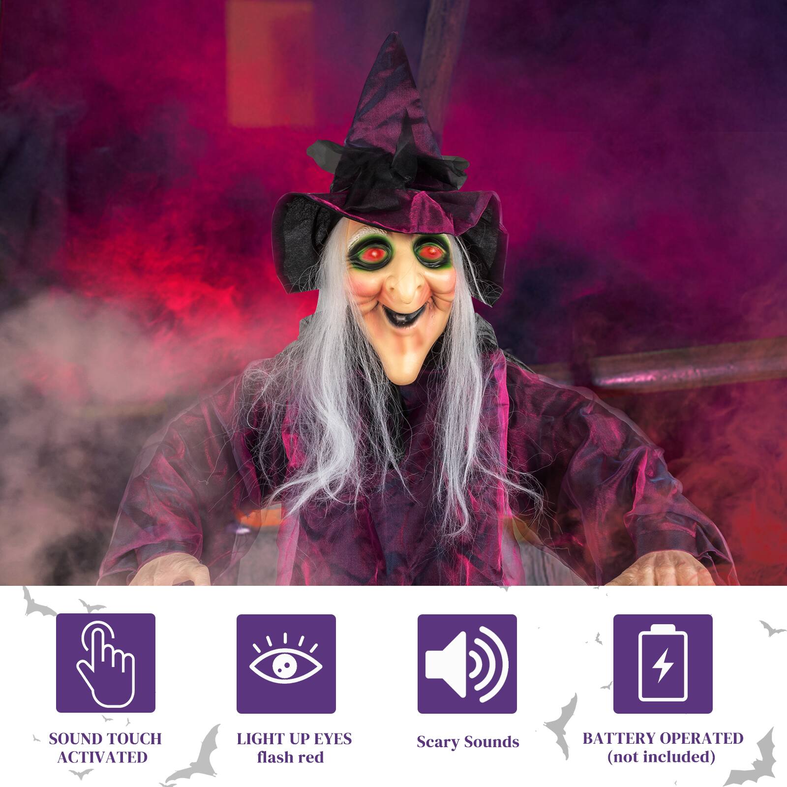 SOUND TOUCH ACTIVATED  
LIGHT UP EYES flash red  
Scary Sounds  
BATTERY OPERATED (not included)