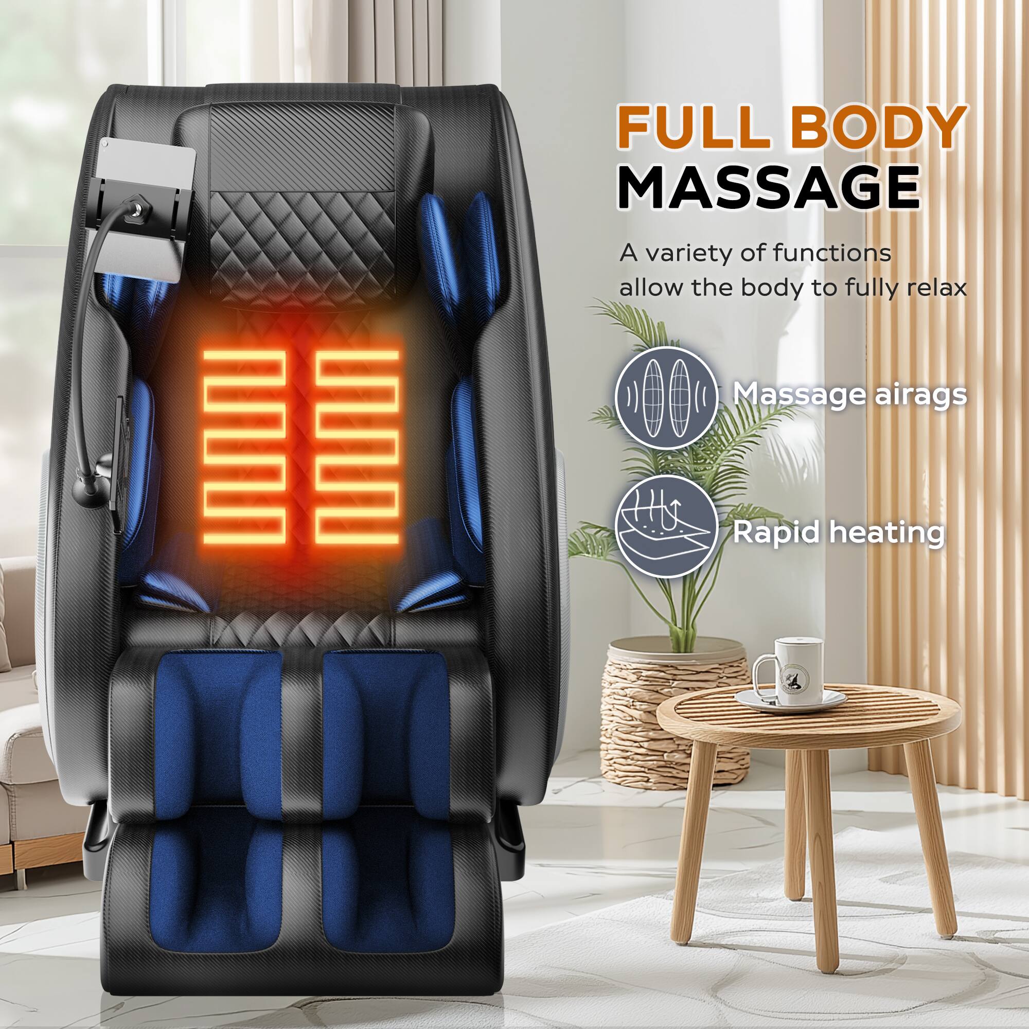 FULL BODY MASSAGE  
A variety of functions allow the body to fully relax  

Massage airbags  
Rapid heating