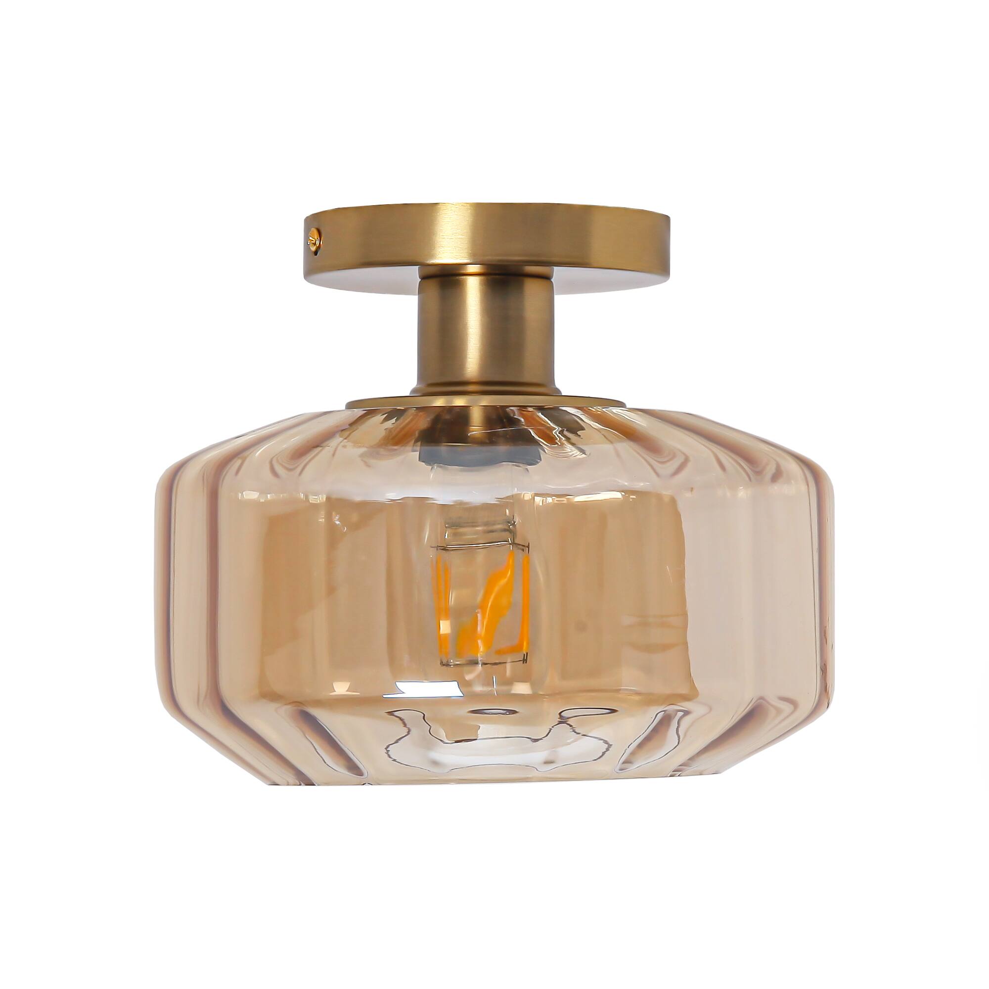 Alt View 1. Parrot Uncle - 9" Vintage Amber Glass Semi Flush Mount Ceiling Light - Gold.