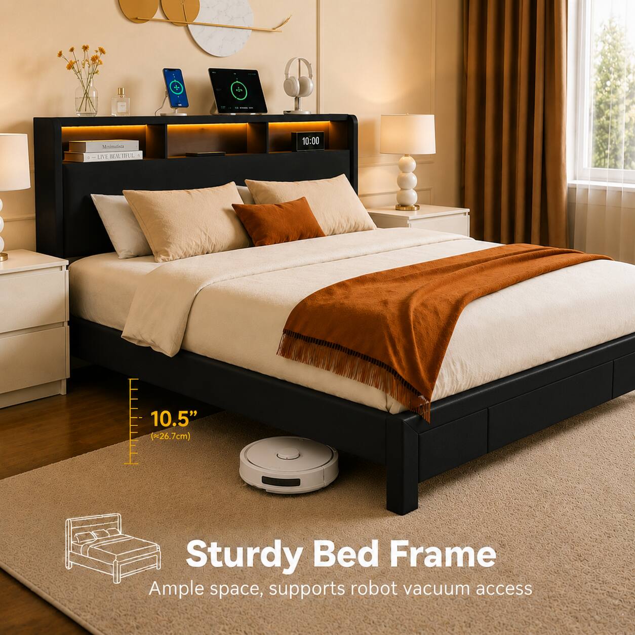 + + Maisda EAT NETIL W.A + 10:00 10.5" (26.7cm) Sturdy Bed Frame Ample space, supports robot vacuum access