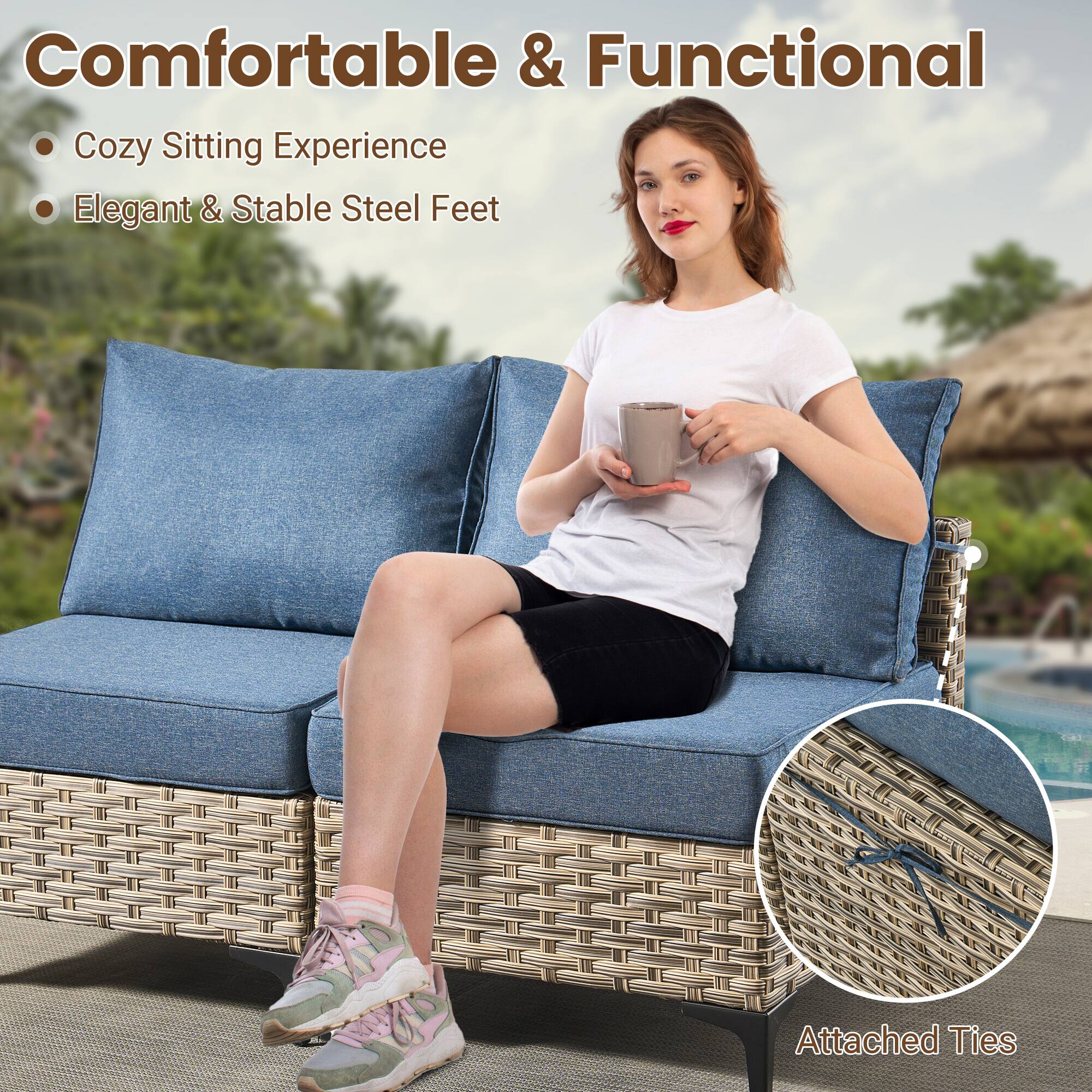 Comfortable & Functional  
- Cozy Sitting Experience  
- Elegant & Stable Steel Feet  
Attached Ties