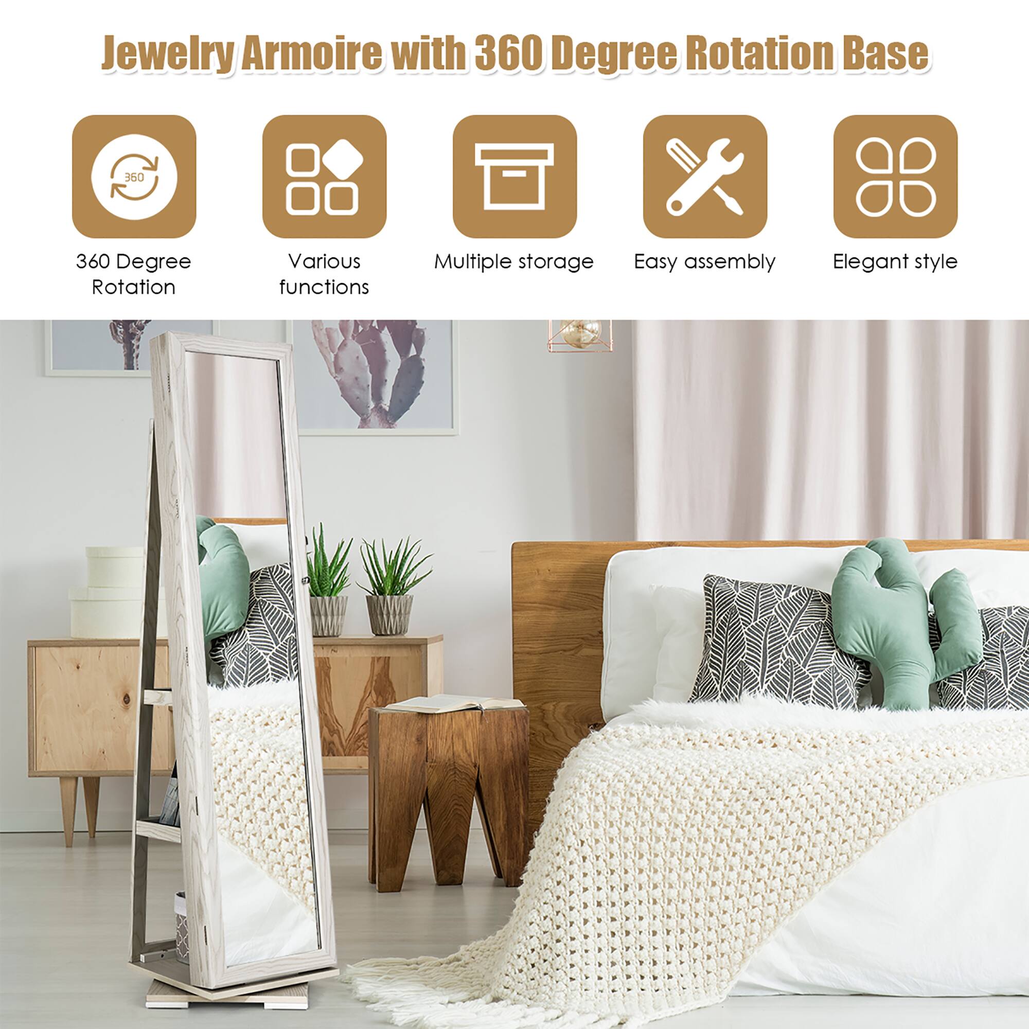 Jewelry Armoire with 360 Degree Rotation Base - 350 360 Degree Rotation - Various Functions - Multiple Storage - Easy Assembly - Elegant Style