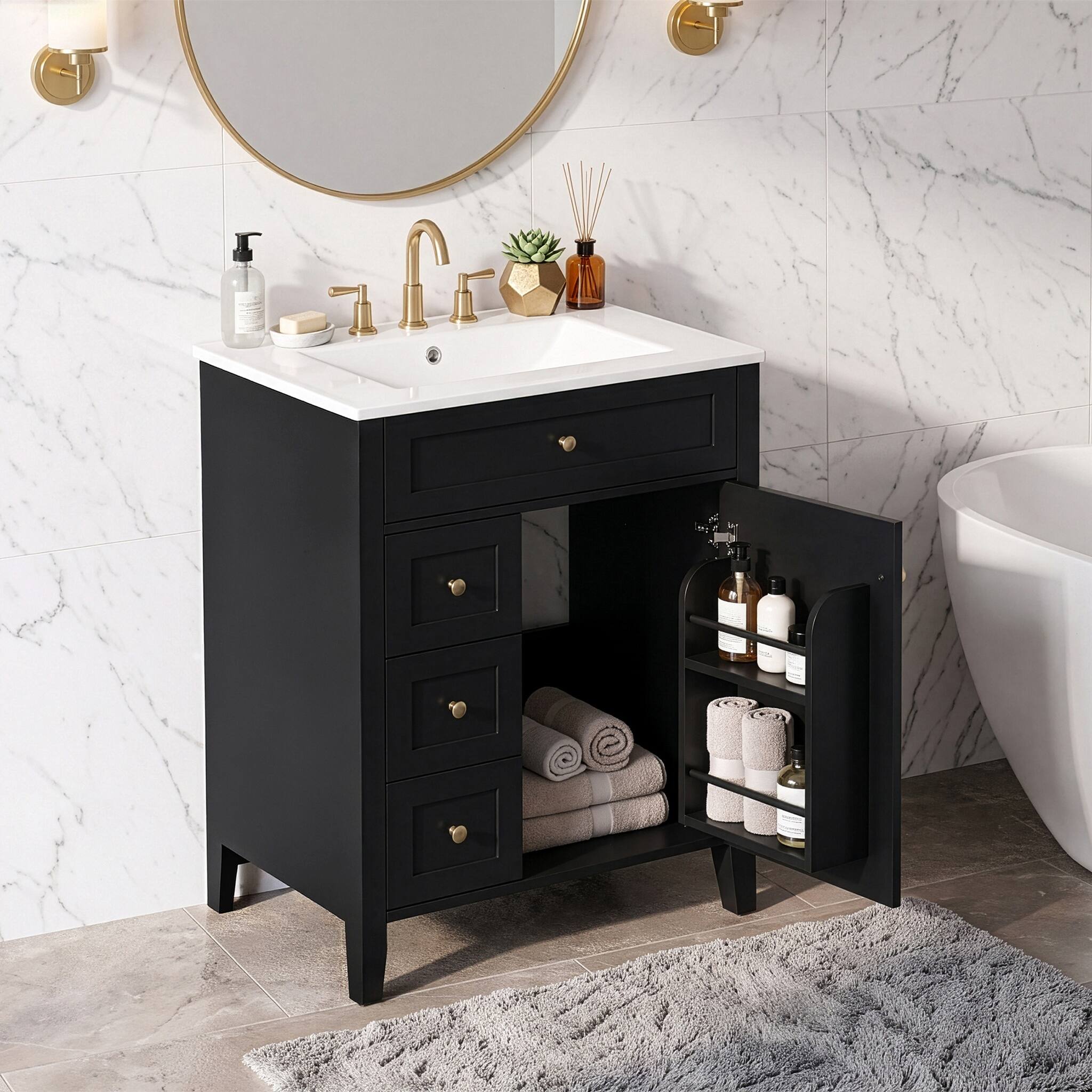 Left. JUJABU - Black 24" Modern Bathroom Vanity with Ceramic Sink and Soft-Close Door - Black.