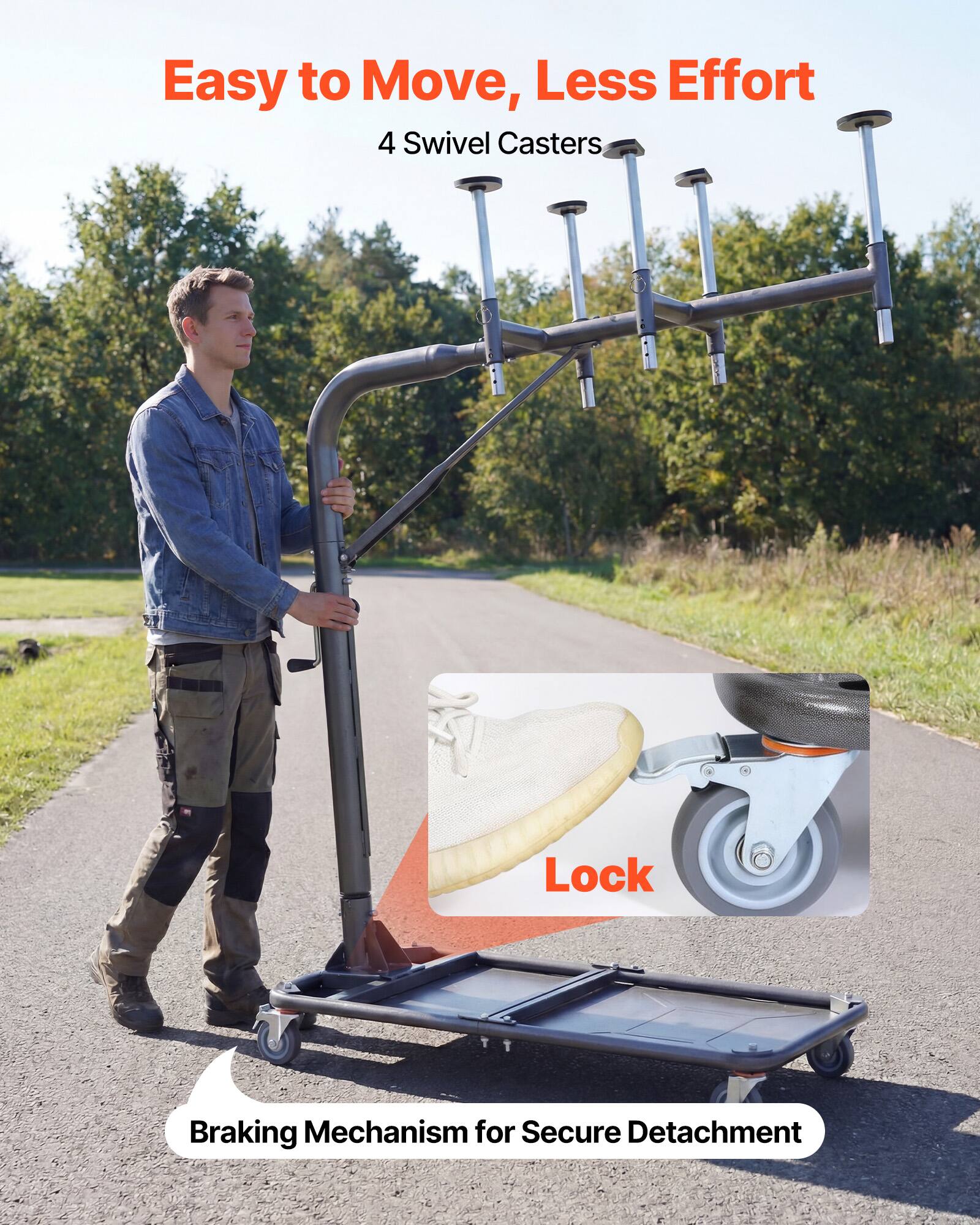 Easy to Move, Less Effort  
4 Swivel Casters  
Lock  
Braking Mechanism for Secure Detachment