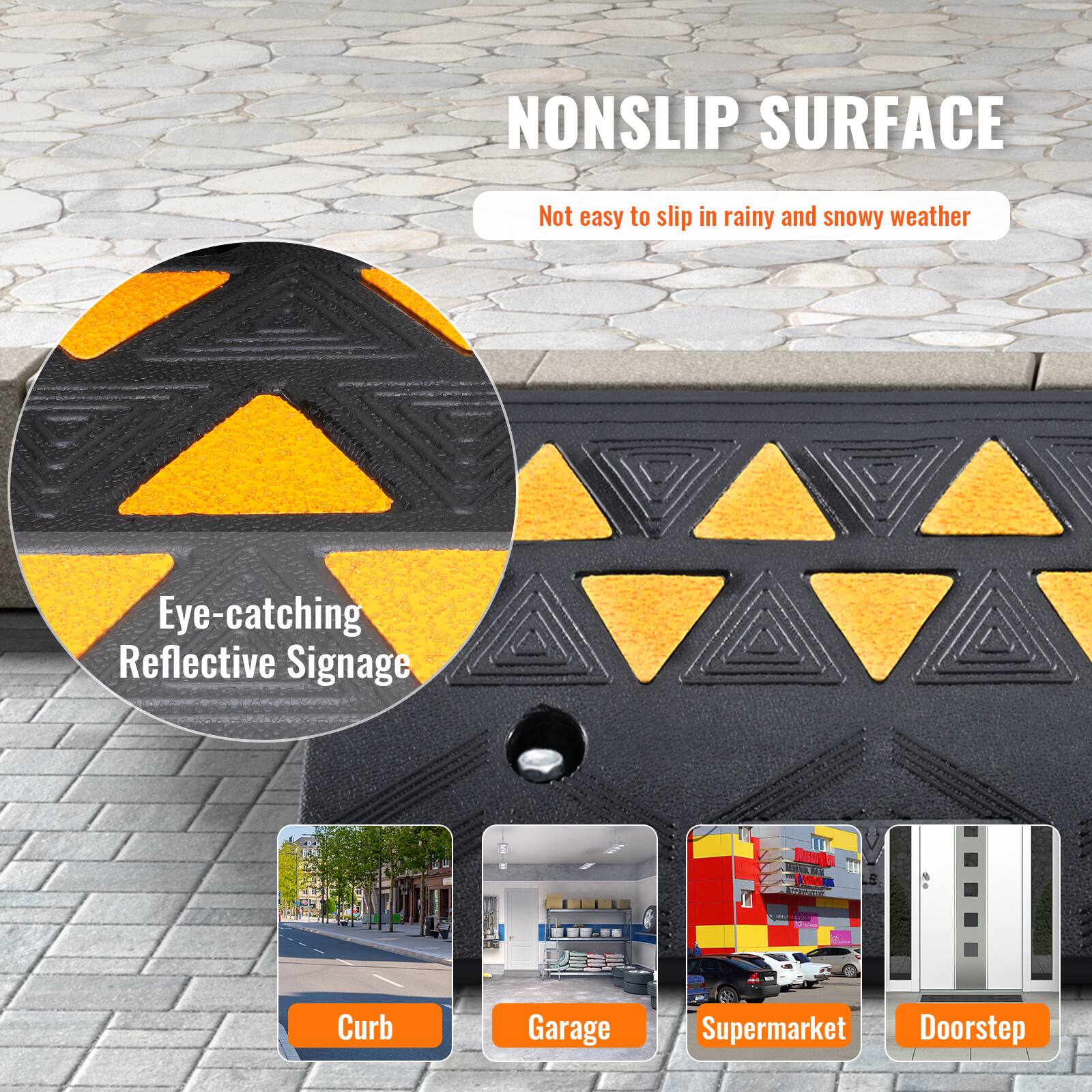 NONSLIP SURFACE  
Not easy to slip in rainy and snowy weather  

Eye-catching Reflective Signage  

Curb  
Garage  
Supermarket  
Doorstep