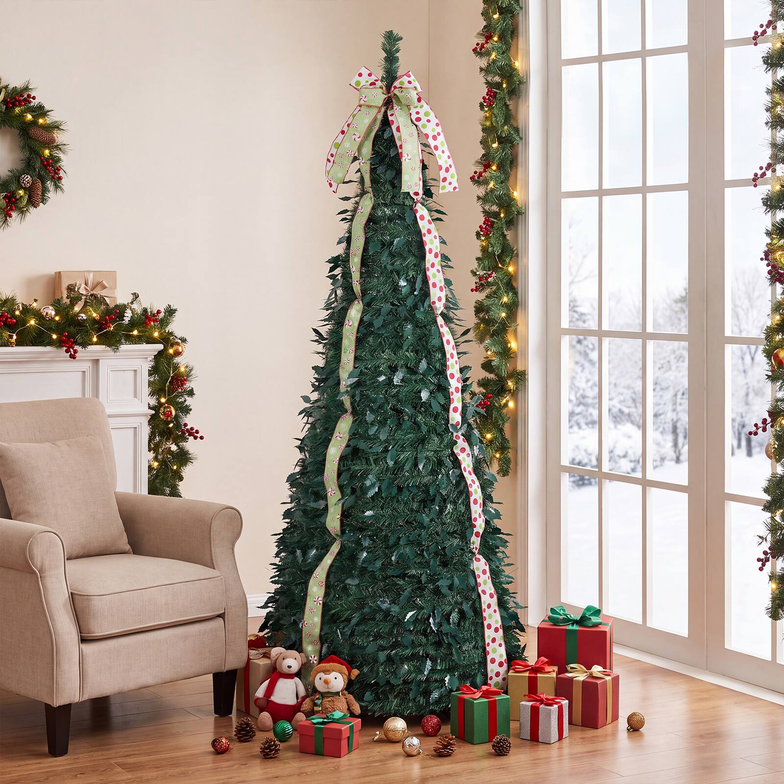 Front. Gymax - Gymax 6 ft Pop Up Christmas Tree w/PVC Holly Leaves 4 Festive Satin Ribbons Easy Setup Green - Green.