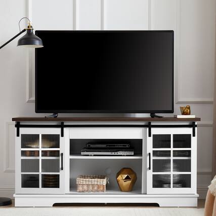 Front. Chateau Abodes - 60" Classic TV Stand Entertainment Console with 2 Sliding Fluted Glass Tempered Doors for TV Up to 65" - White.