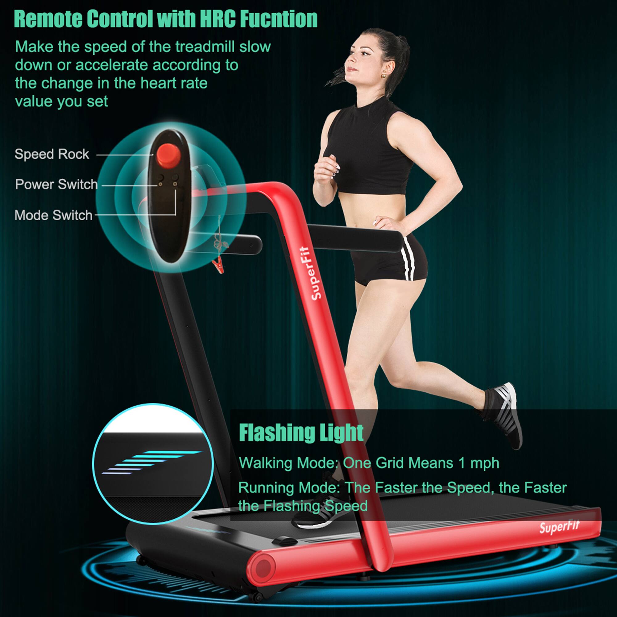 Remote Control with HRC Function  
Make the speed of the treadmill slow down or accelerate according to the change in the heart rate value you set  

Speed Rock  
Power Switch  
Mode Switch  

Flashing Light  
Walking Mode: One Grid Means 1 mph  
Running Mode: The Faster the Speed, the Faster the Flashing Speed