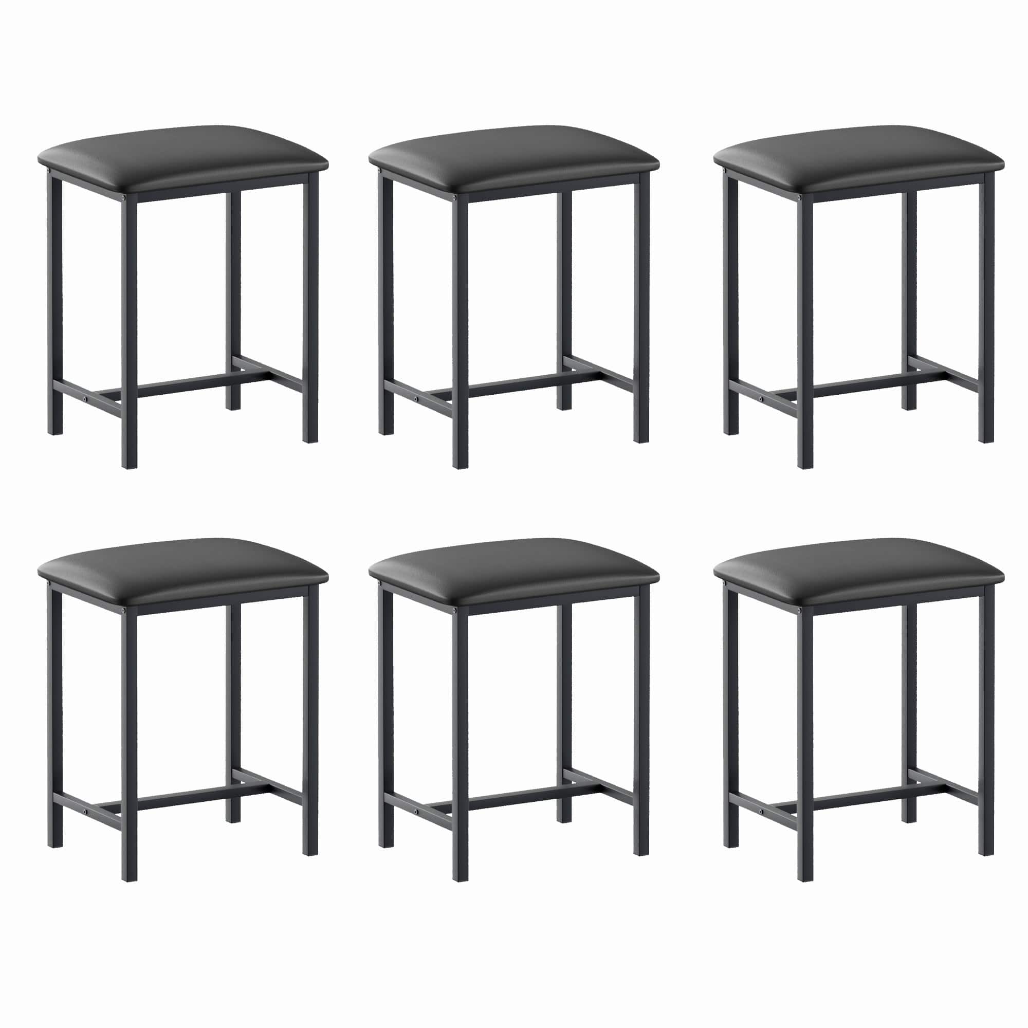 Vecelo - Expandable Black Wood Dining Table Set with USB Ports, Space-Saving Kitchen Table for 4-6 People - Black Stool*6