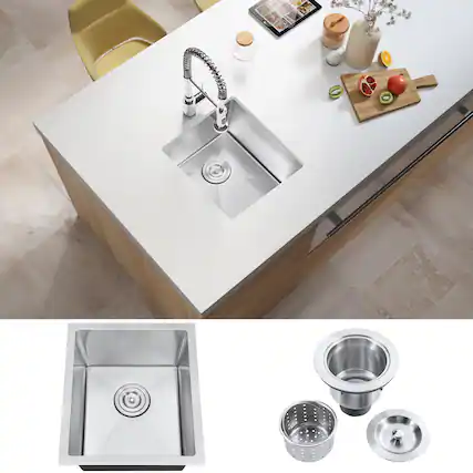 Front. Akicon - Akicon 15 in. Undermount Single Bowl 20-Gauge Silver Nano Kitchen Sink with Basket Strainer - Silver.
