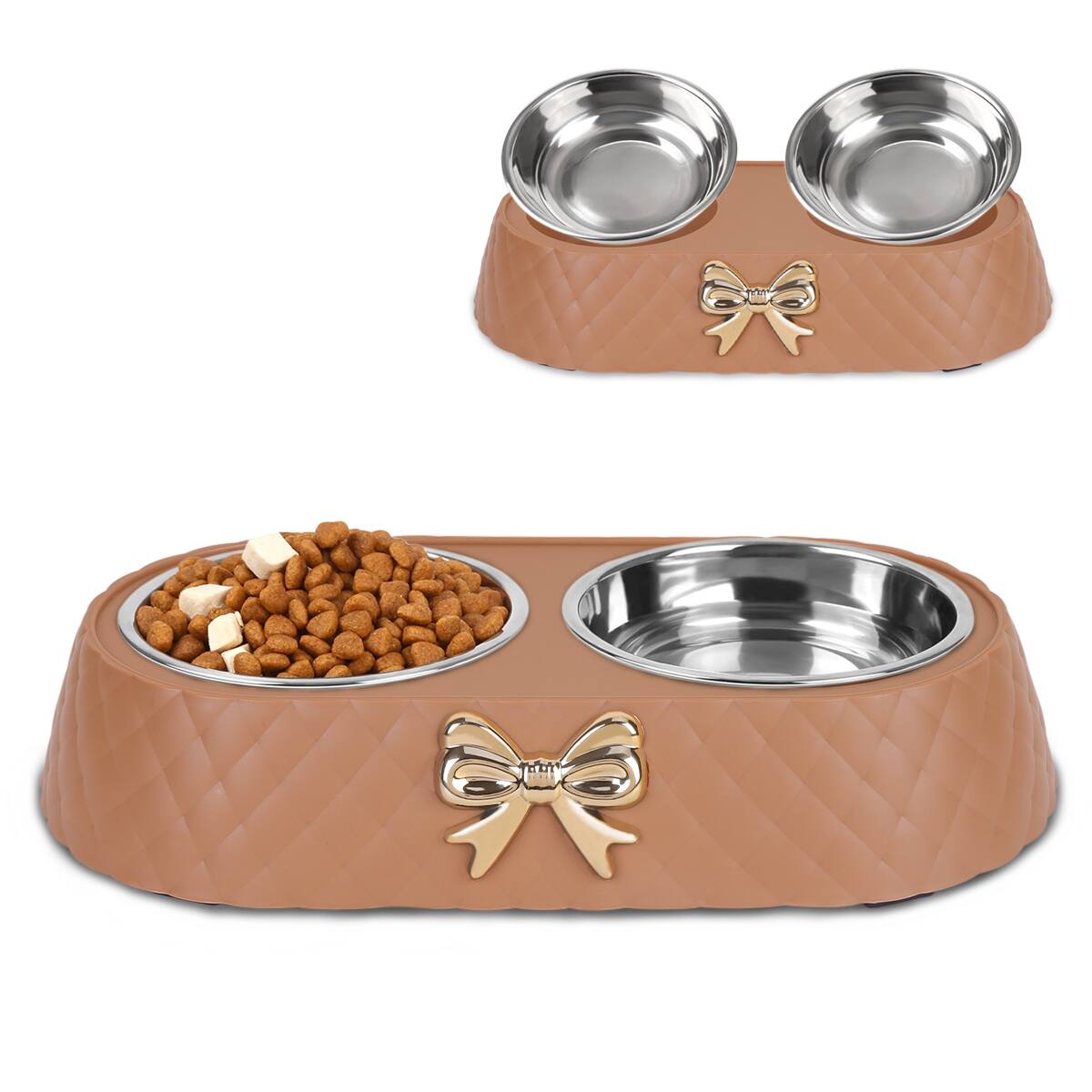 Angle. Supet - Bow Stainless Steel Cat Double Bowl - Brown.