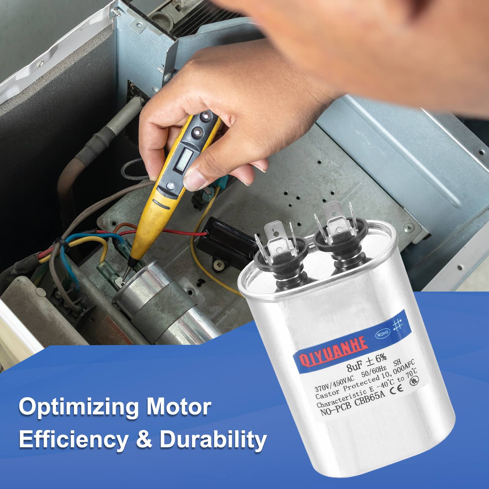ROHS QIYUANHE 8uF ± 6% 000AFC SH 50/60Hz 10, 70C to P 370V/450VAC 370V Protected E -40C C E Castor Characteristic CBB65A Optimizing Motor NO-PCB Efficiency & Durability