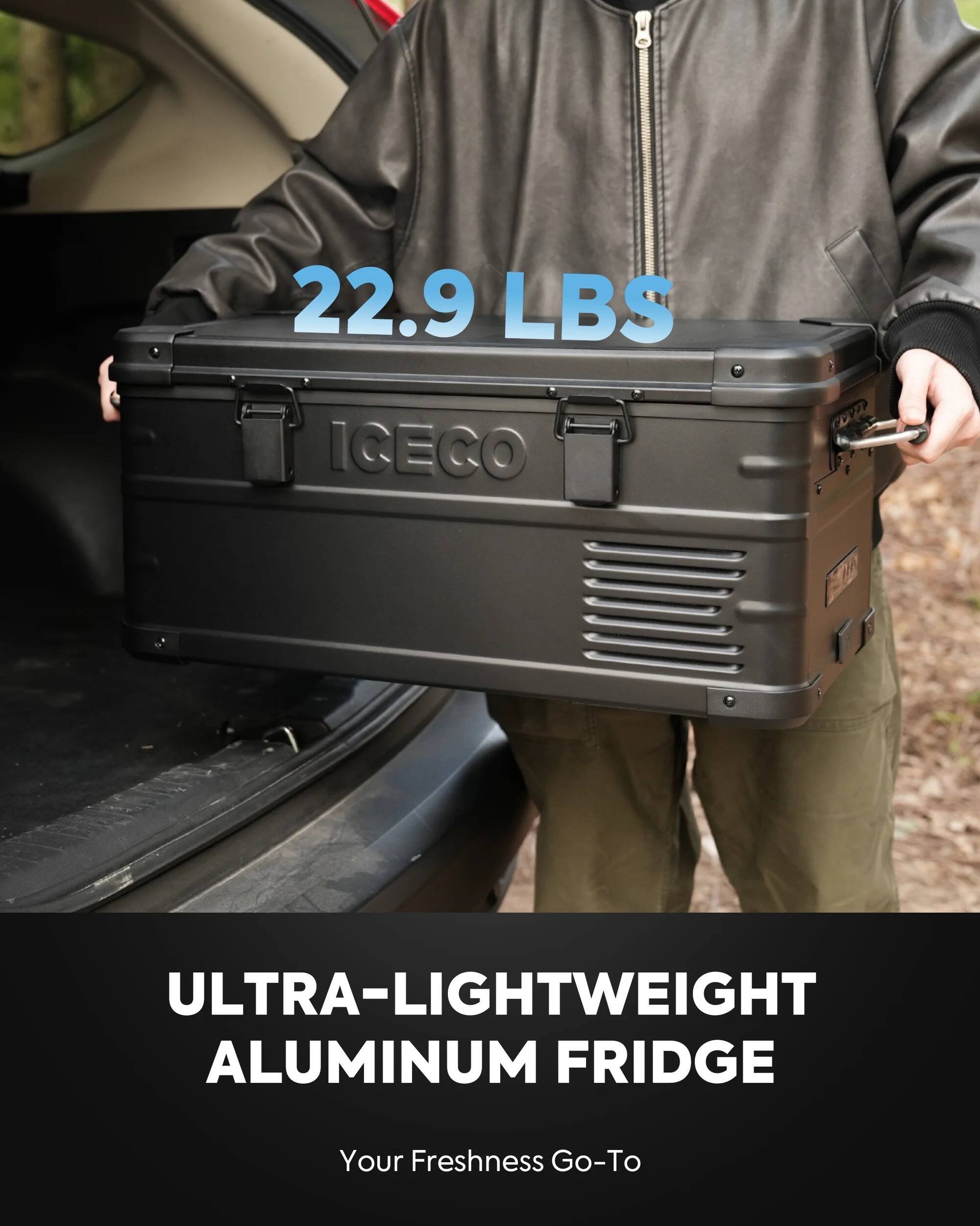 22.9 LBS  
ICECO  
ULTRA-LIGHTWEIGHT ALUMINUM FRIDGE  
Your Freshness Go-To