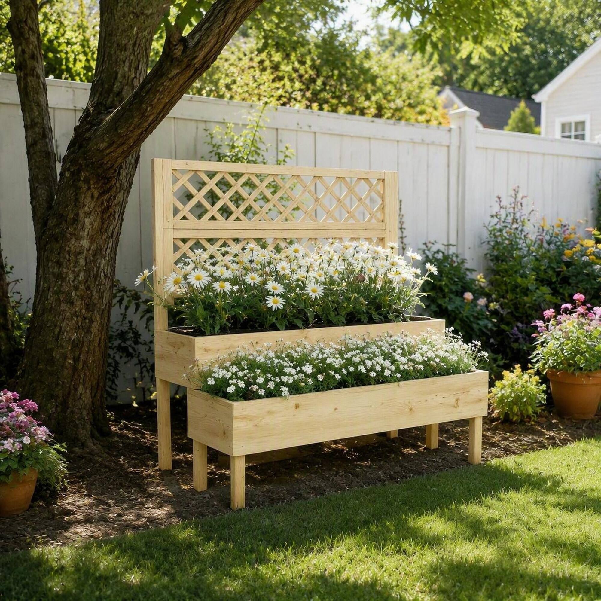Alt View 2. RYHNUYNE - Fir Wood Elevated Planter Box with Trellis for Patio, 42.5x24.4x47.2 Inch Outdoor Raised Garden Bed for Climbing - Natural Wood.