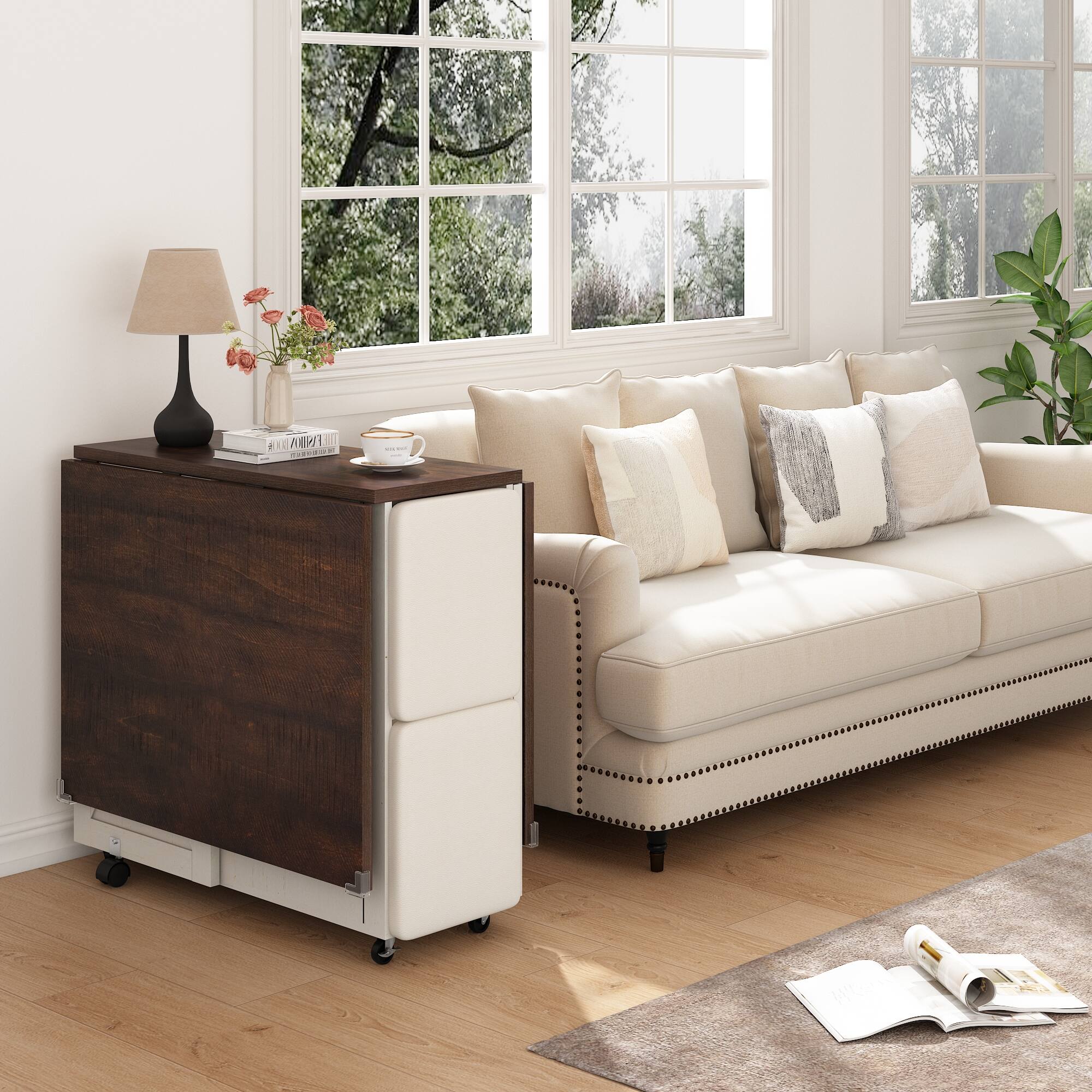 Angle. Espafurni - 5 -PCS Dining Table Set - 60" Folding,4 Leather Chairs, Drop Leaf for Small Spaces,6 Wheels, 2 Layer Shelf - White & Brown.