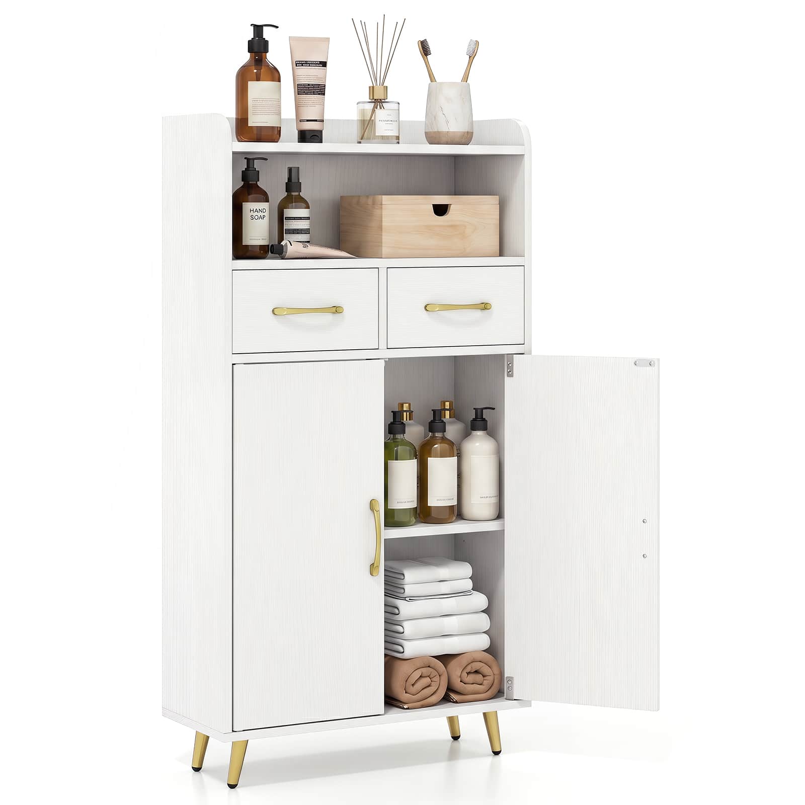 Costway - Bathroom Storage Cabinet with 2 Drawers and 2 Doors, Adjustable Shelf & Metal Legs - White