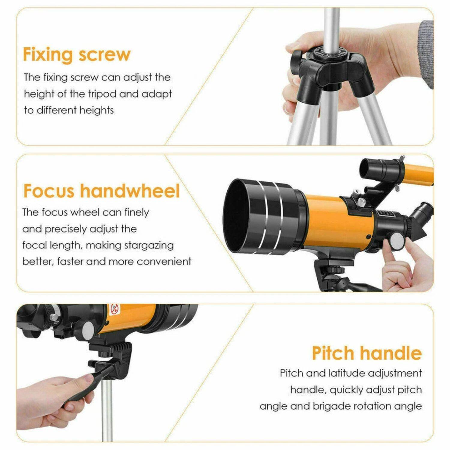 Fixing screw  
The fixing screw can adjust the height of the tripod and adapt to different heights.

Focus handwheel  
The focus wheel can finely and precisely adjust the focal length, making stargazing better, faster and more convenient.

Pitch handle  
Pitch and latitude adjustment handle, quickly adjust pitch angle and brigade rotation angle.