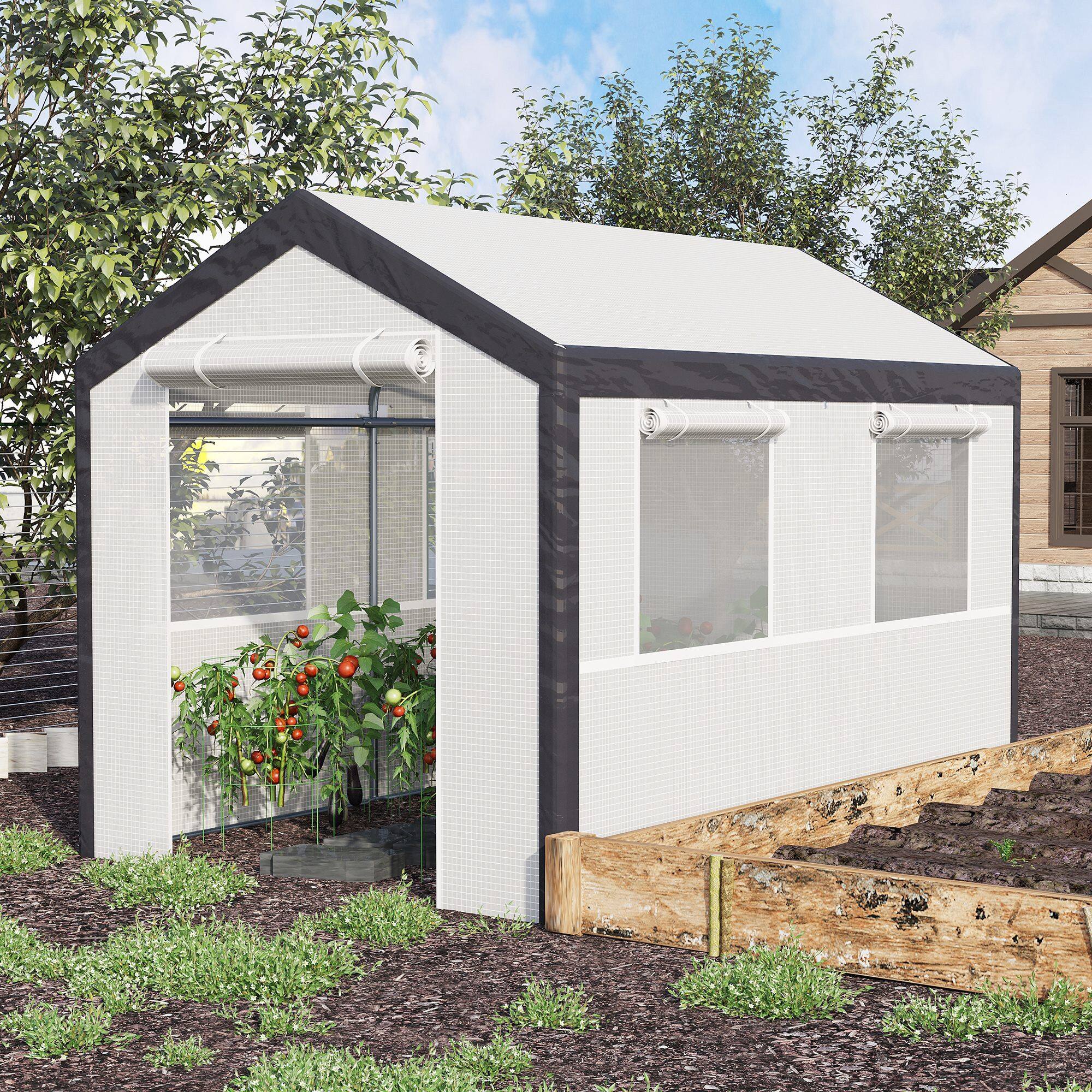 Alt View 1. Outsunny - 10' x 7' x 7' Greenhouse, Walk-in Outdoor Tunnel Green House with PE Cover, Steel Frame, 2 Roll-Up Zipper Doors - White.