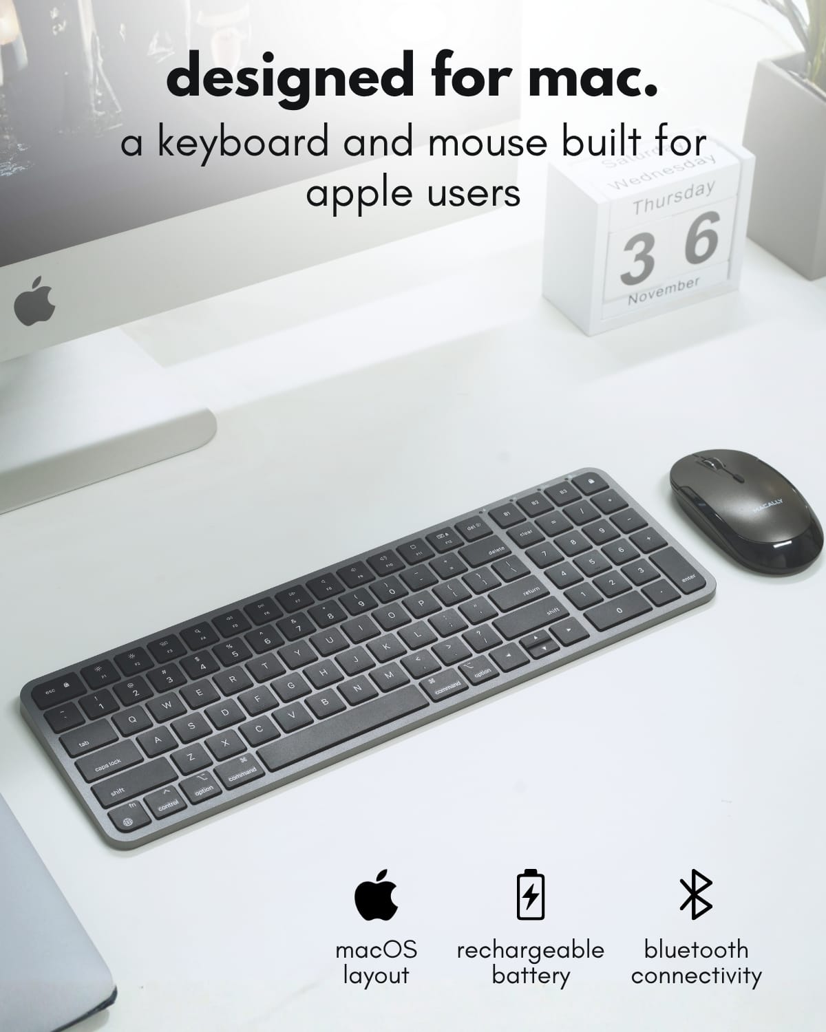 Macally Bluetooth Mac Keyboard and Mouse Compact (2 Zone) Wireless