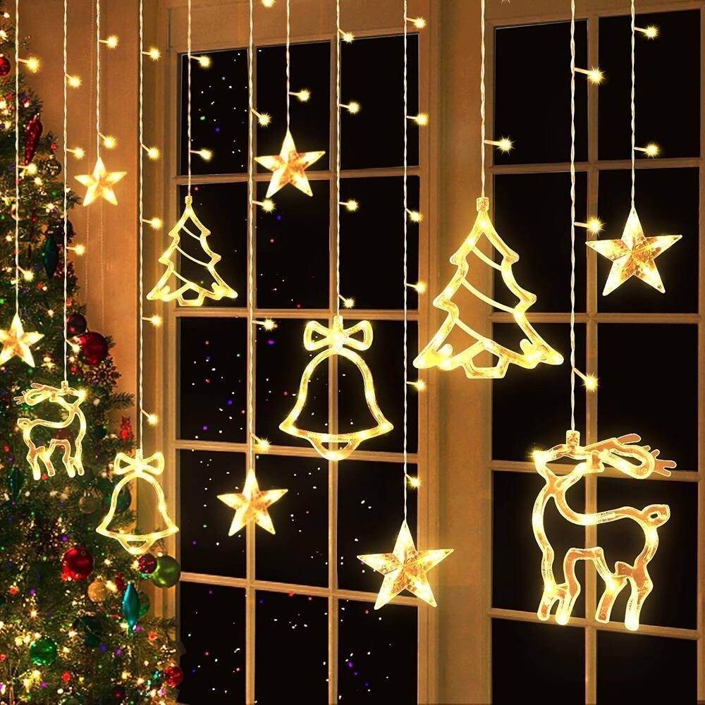 Front. MOSZAR LLC - Christmas Curtain Lights, 139 LED, 11.5 ft, Warm White, 8 Modes, Plug-in.