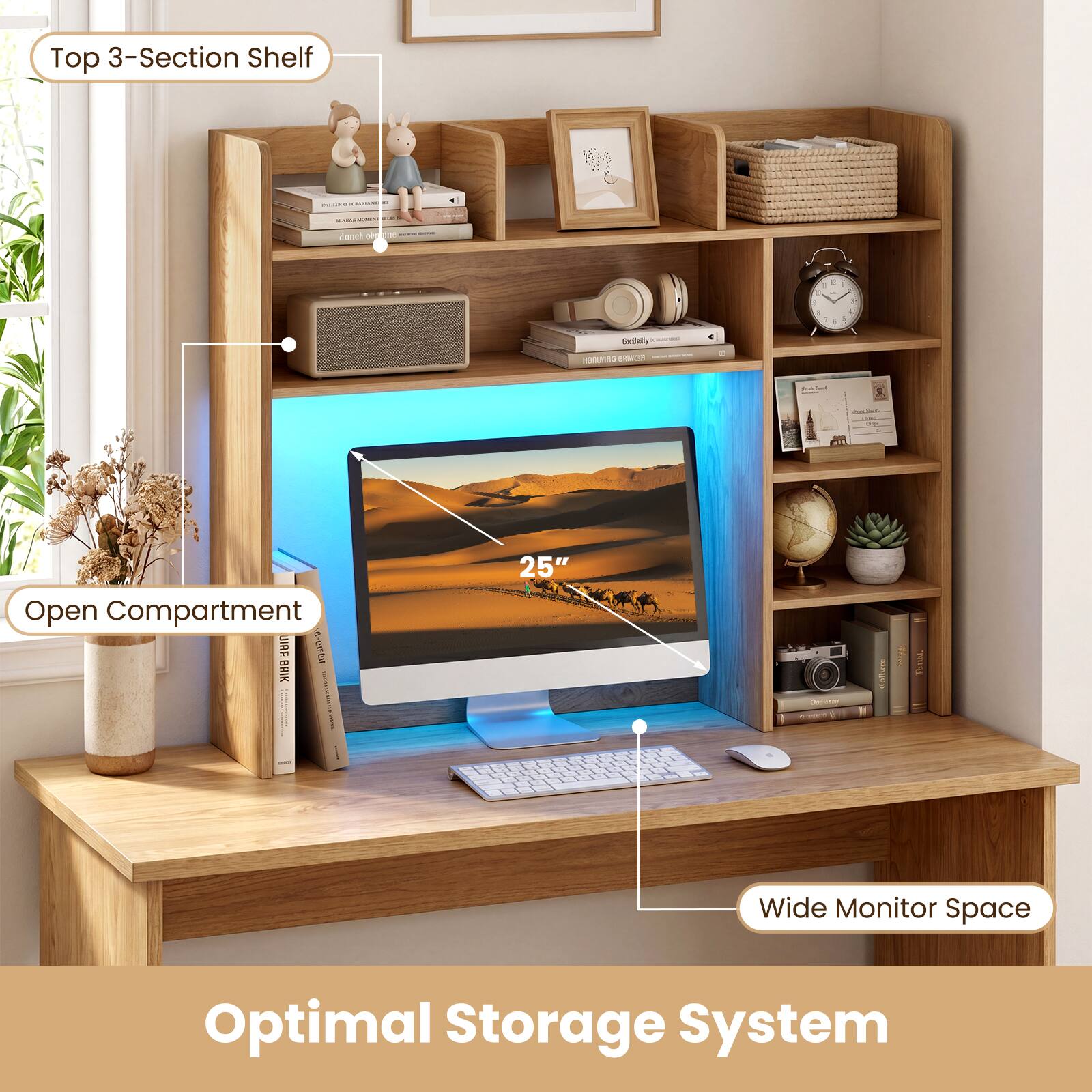 Top 3-Section Shelf  
Open Compartment  
Wide Monitor Space  
Optimal Storage System