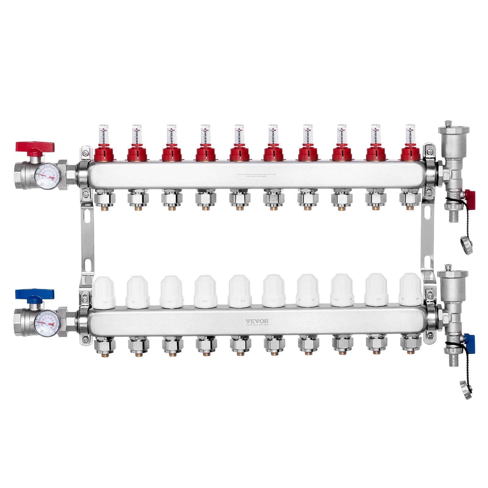 Front. VEVOR - 10-Branch Radiant Heat Manifold,1/2" PEX Tubing Manifold,Stainless Steel PEX Manifold for Hydronic Radiant Floor Heating - Silver.