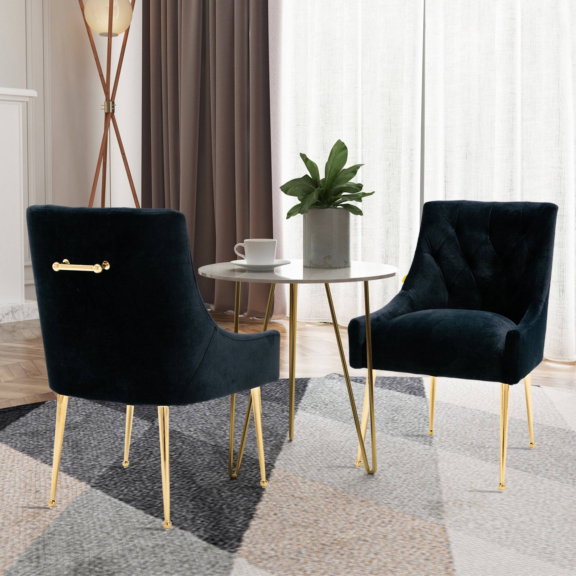 Alt View 3. Boyel Living - Black Tufted Velvet Upholstered Golden Legs Dining Chair with Pulling Handle and Adjustable Foot Nails(Set of 2) - Black.