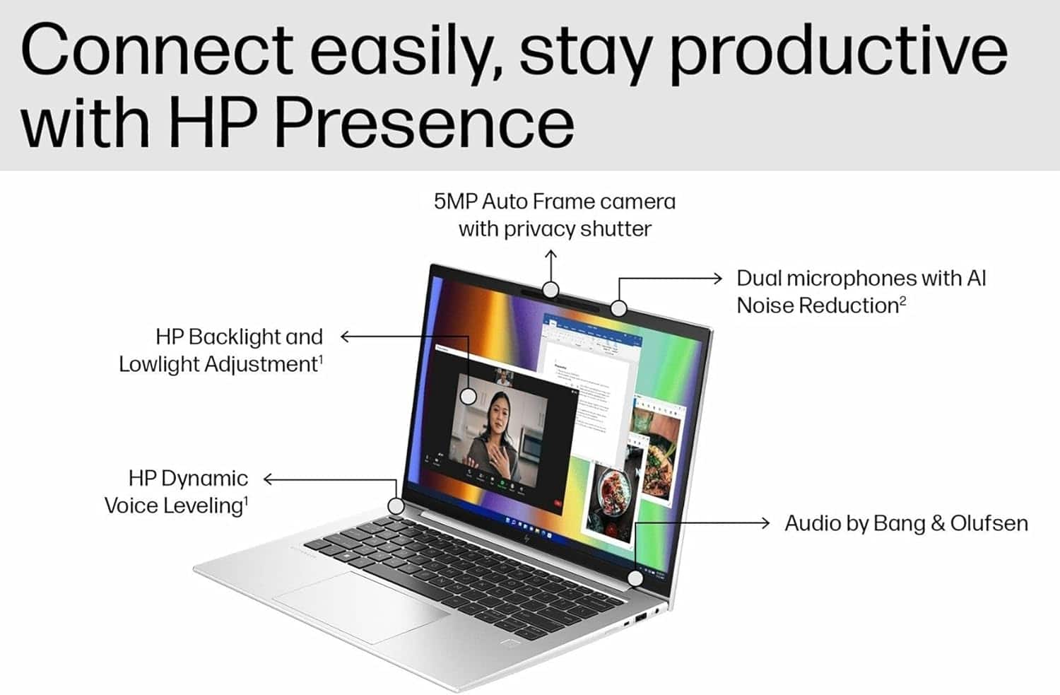 Connect easily, stay productive with HP Presence
- 5MP Auto Frame camera with privacy shutter
- HP Backlight and Lowlight Adjustment¹
- Dual microphones with AI Noise Reduction²
- HP Dynamic Voice Leveling¹
- Audio by Bang & Olufsen