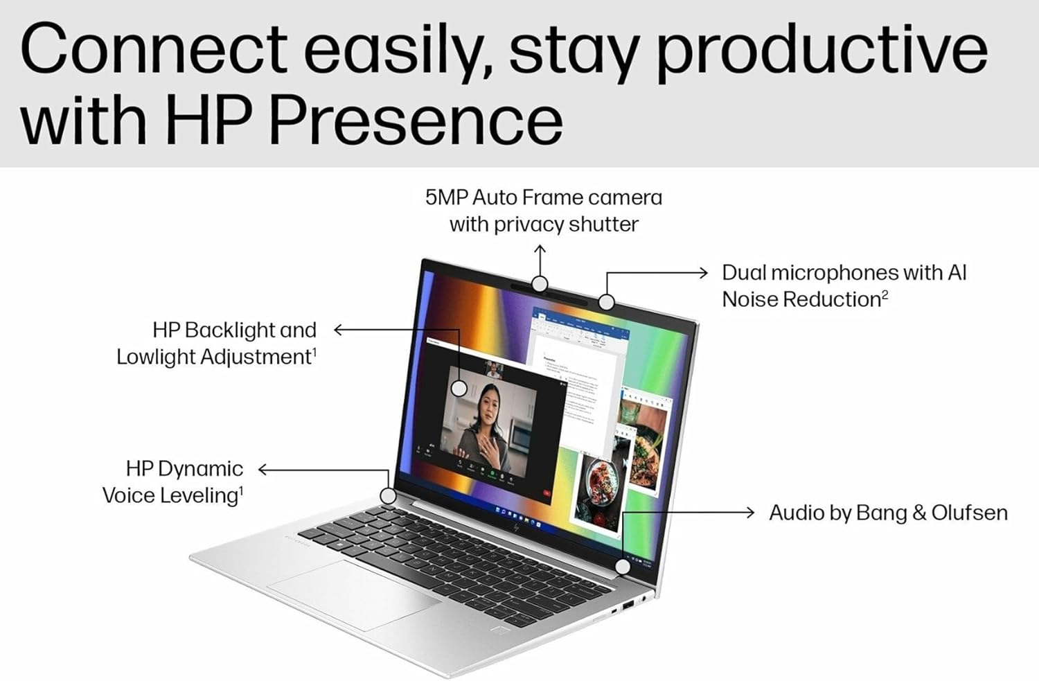 Connect easily, stay productive with HP Presence

- 5MP Auto Frame camera with privacy shutter
- HP Backlight and Lowlight Adjustment¹
- Dual microphones with AI Noise Reduction²
- HP Dynamic Voice Leveling¹
- Audio by Bang & Olufsen