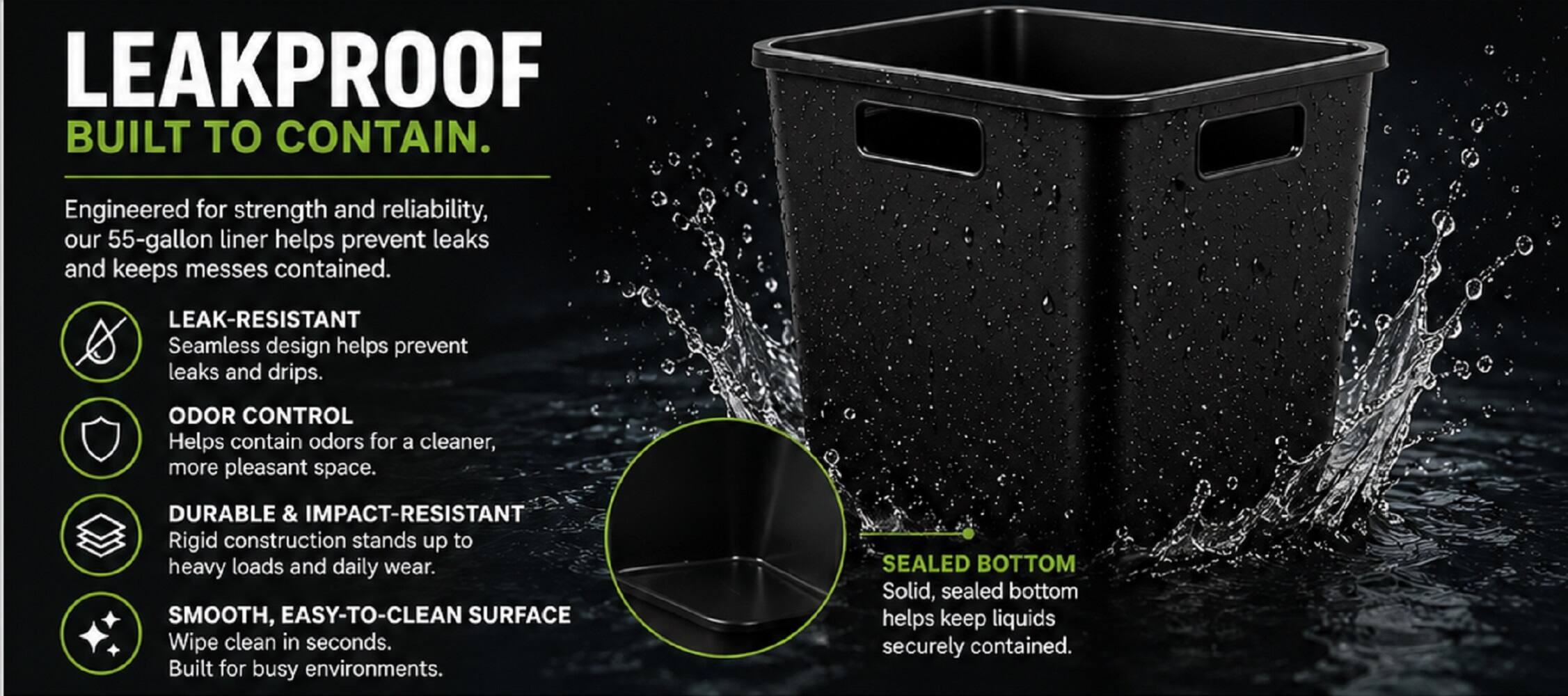 LEAKPROOF BUILT TO CONTAIN.

Engineered for strength and reliability, our 55-gallon liner helps prevent leaks and keeps messes contained.

LEAK-RESISTANT Seamless design helps prevent leaks and drips.

ODOR CONTROL Helps contain odors for a cleaner, more pleasant space.

DURABLE & IMPACT-RESISTANT Rigid construction stands up to heavy loads and daily wear.

SMOOTH, EASY-TO-CLEAN SURFACE Wipe clean in seconds. Built for busy environments.

SEALED BOTTOM Solid, sealed bottom helps keep liquids securely contained.