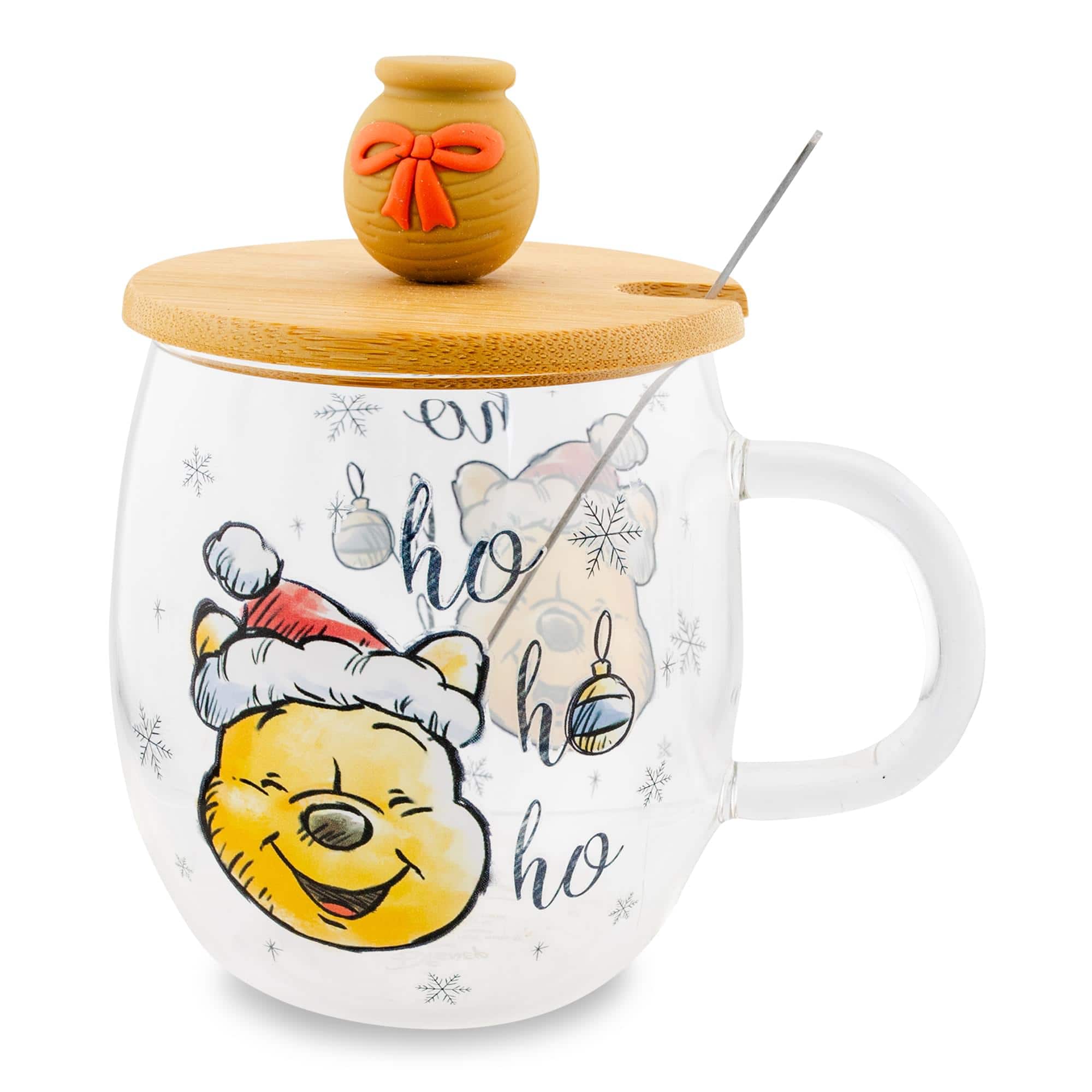 Disney - Winnie the Pooh Holiday 17-Ounce Glass Coffee Mug With Lid and Spoon - Clear