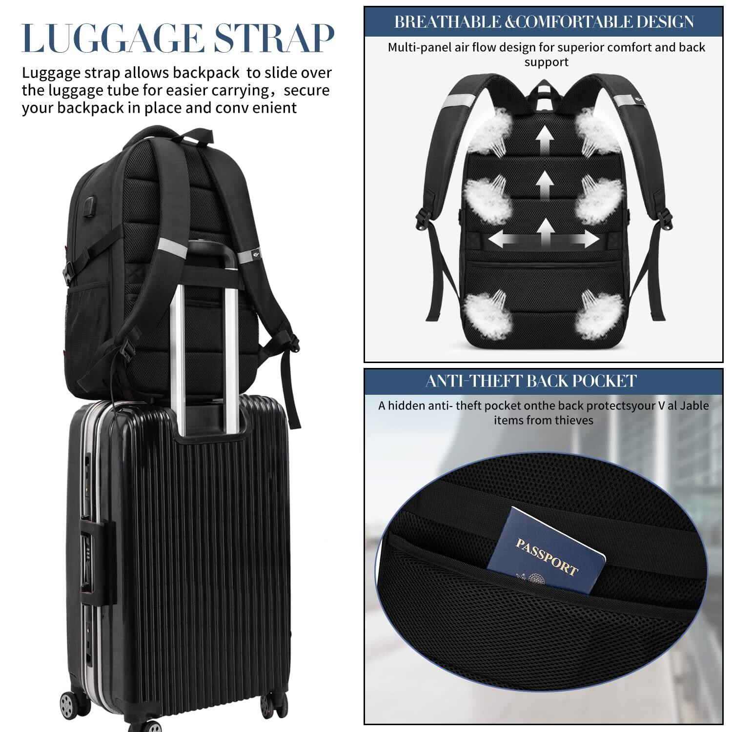 Alt View 3. Pacoar Cade - Extra Large Backpack For Men 55l 18.4inch Travel Laptop With Usb Charging Port Business Flight Approved Carry On Tsa - Black-18.4 inch.