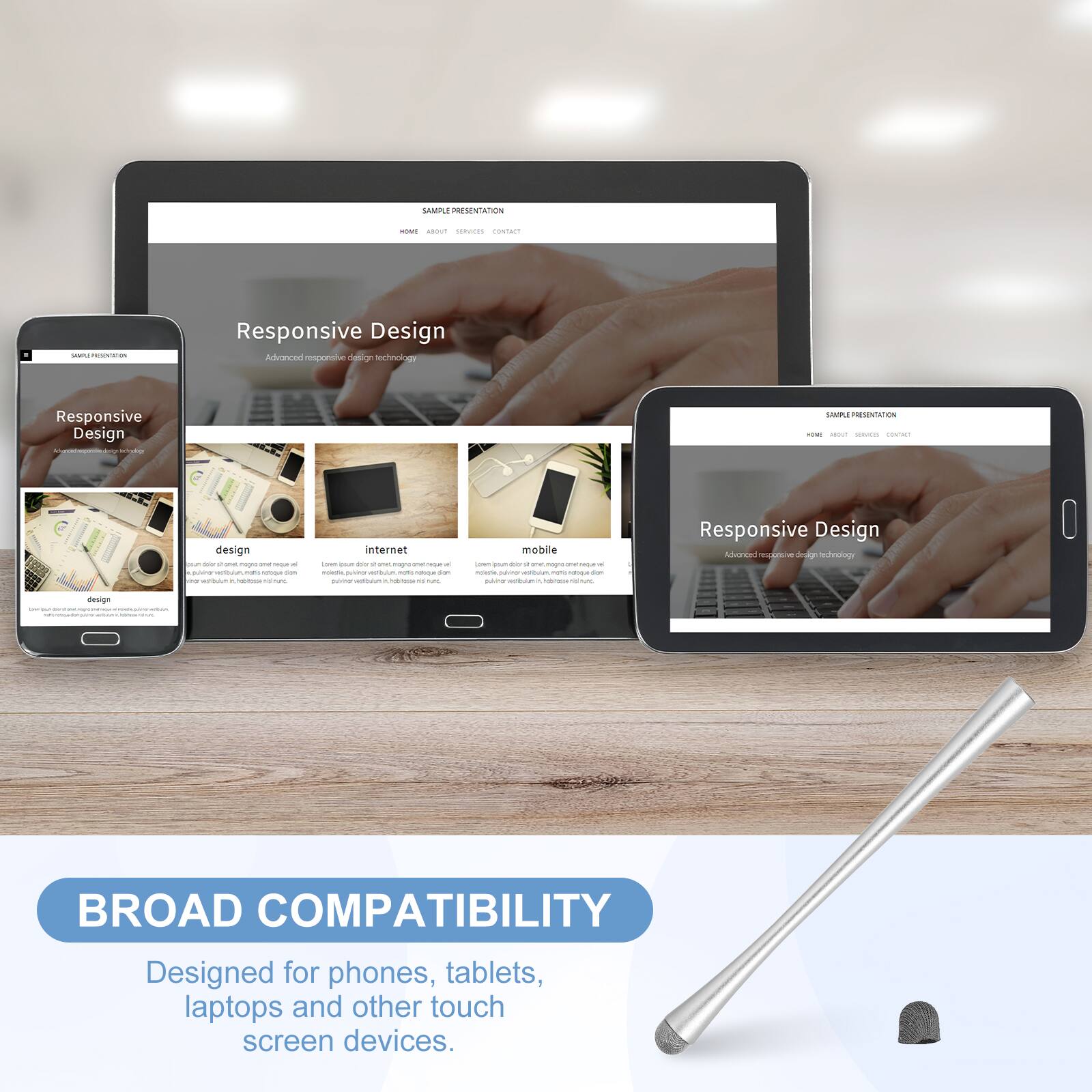 SAMPLE PRESENTATION

Responsive Design
Advanced responsive design technology

BROAD COMPATIBILITY
Designed for phones, tablets, laptops and other touch screen devices.