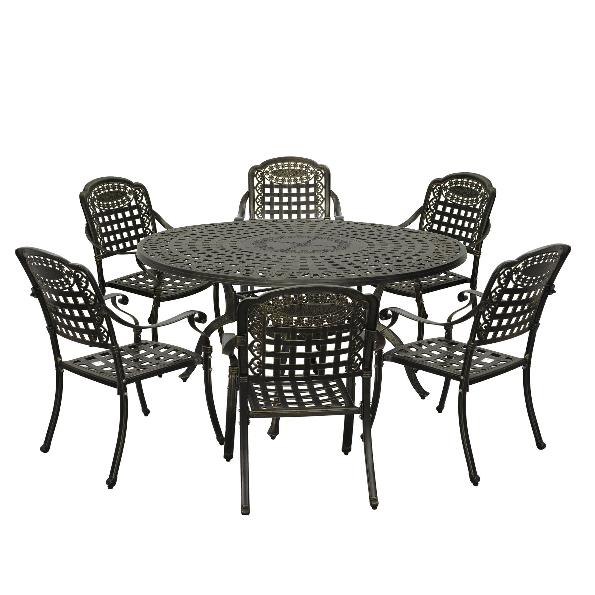 Front. Mondawe - 7-Piece Cast Aluminum Dining Set - Bronze.
