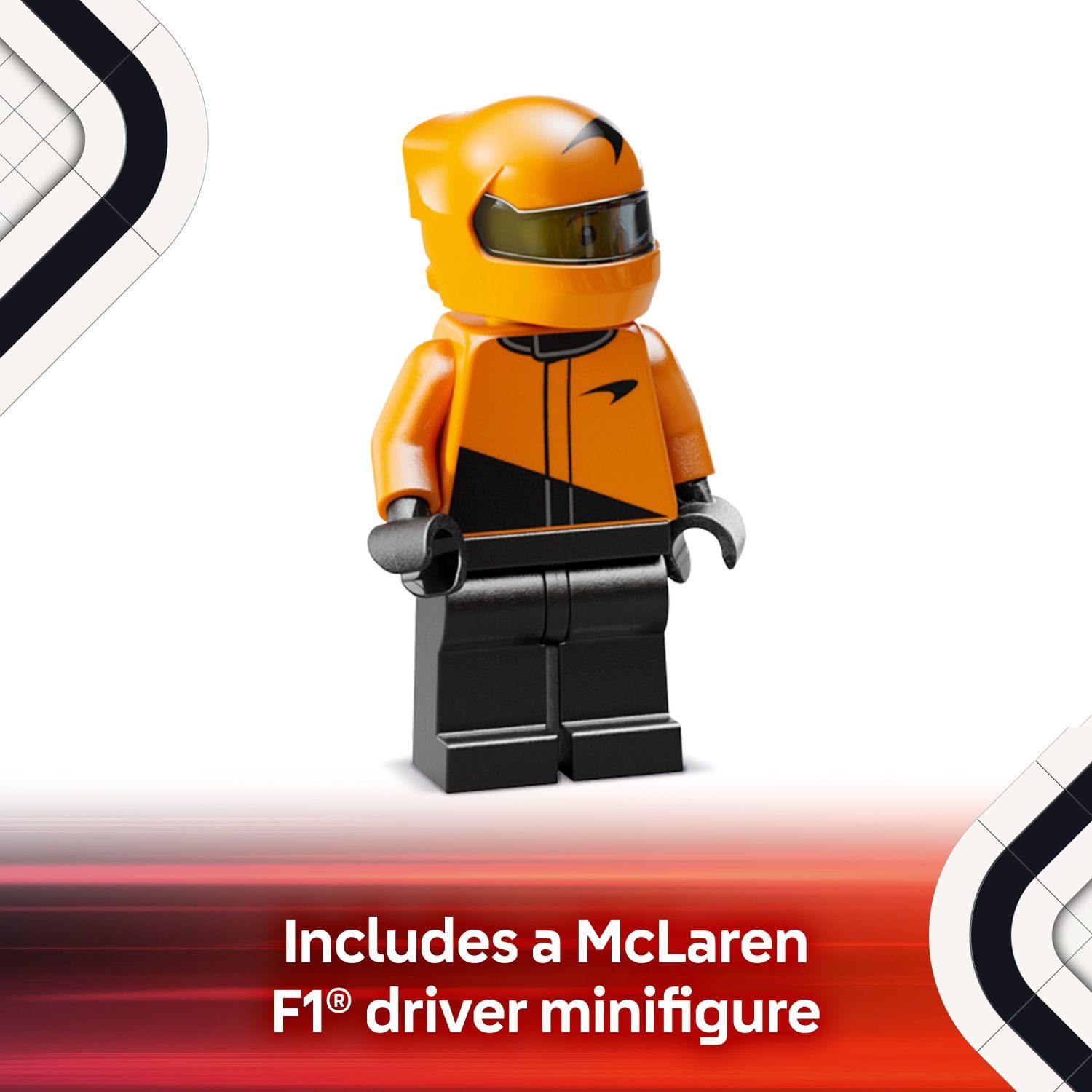 Includes a McLaren F1 driver minifigure.