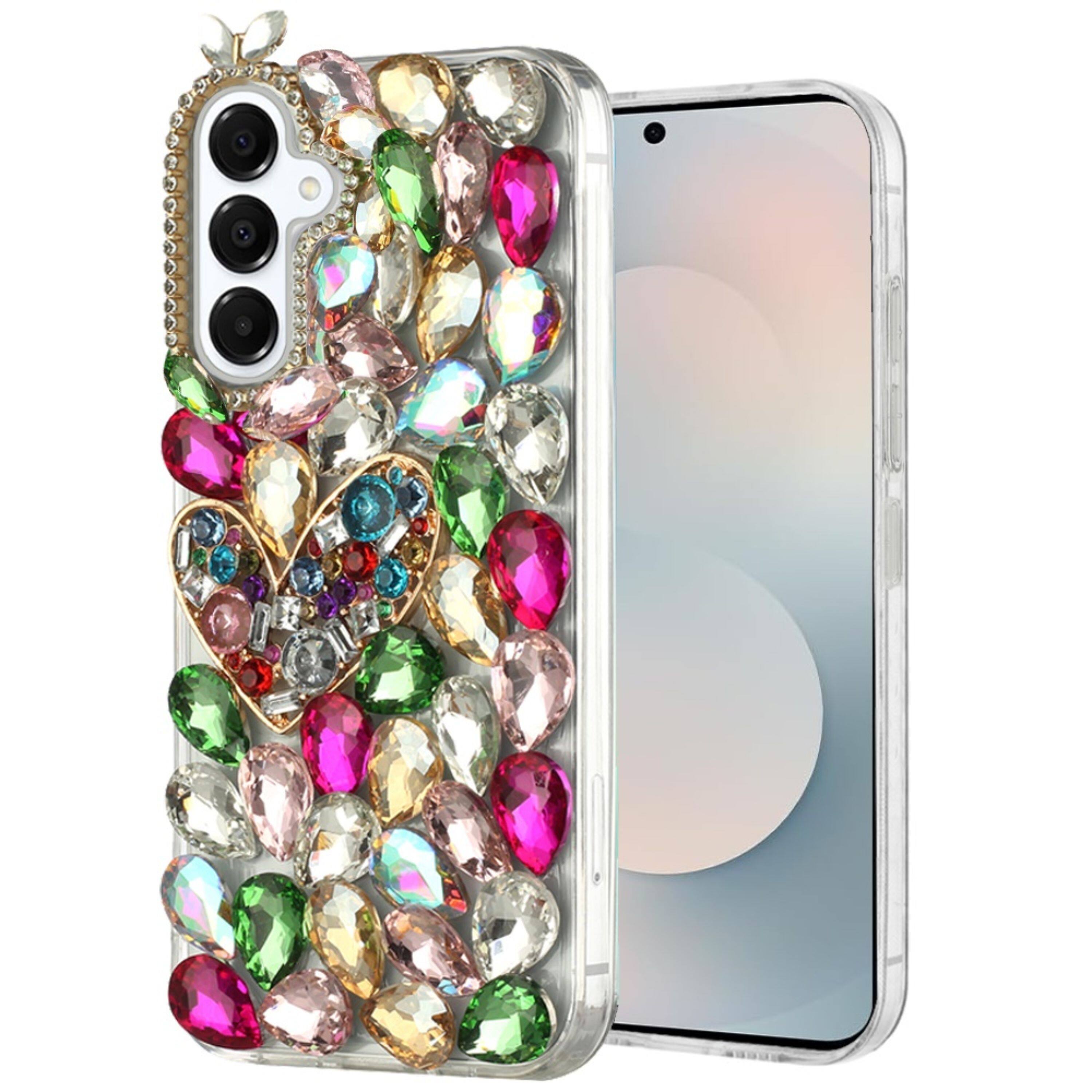 Left. Kitcheniva - Full Diamond Bling 3D Jewel Ornaments Plus Tempered Glass For Samsung S25 FE Colorful Ornaments With Heart - Multicolor.