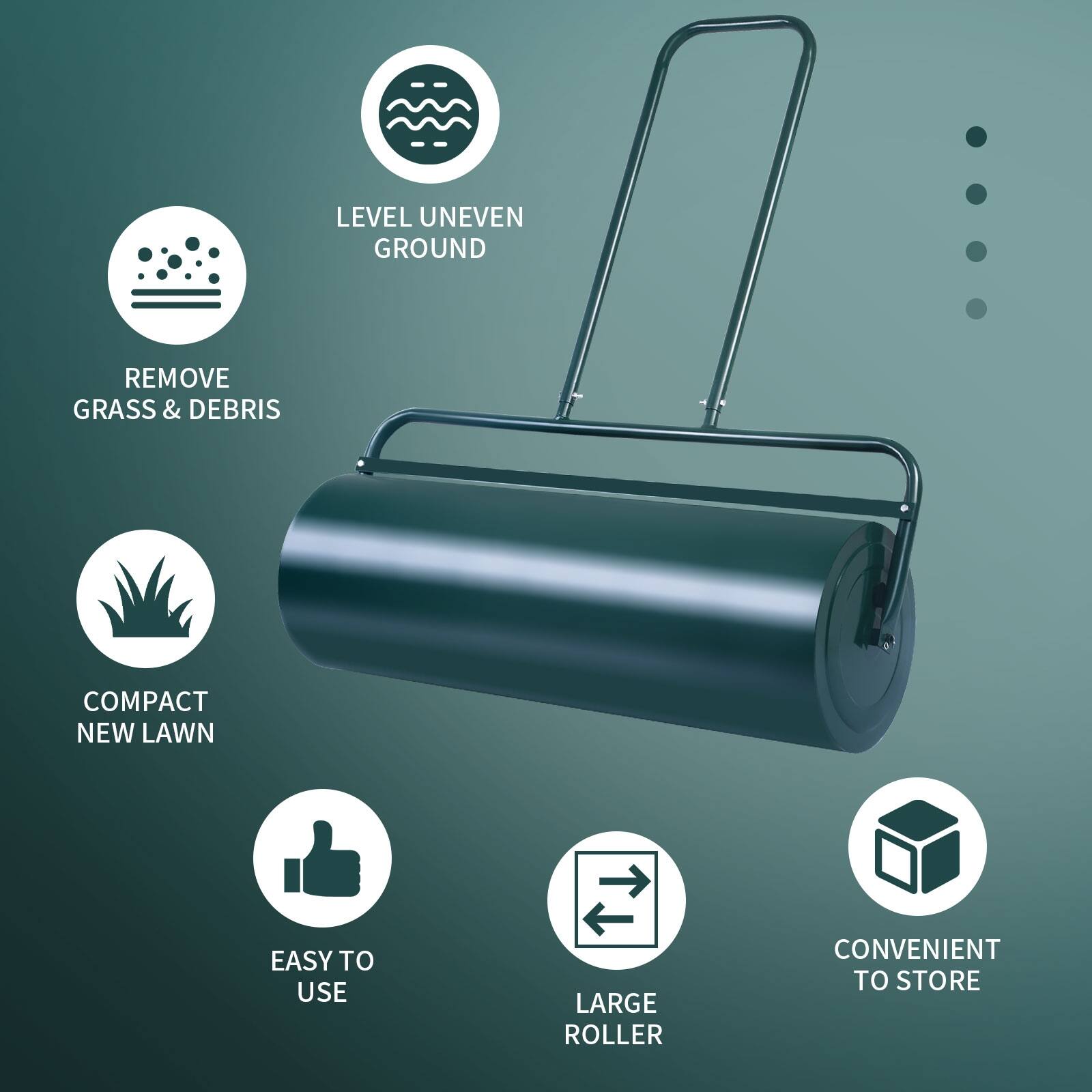 REMOVE GRASS & DEBRIS, LEVEL UNEVEN GROUND, COMPACT NEW LAWN, EASY TO USE, LARGE ROLLER, CONVENIENT TO STORE