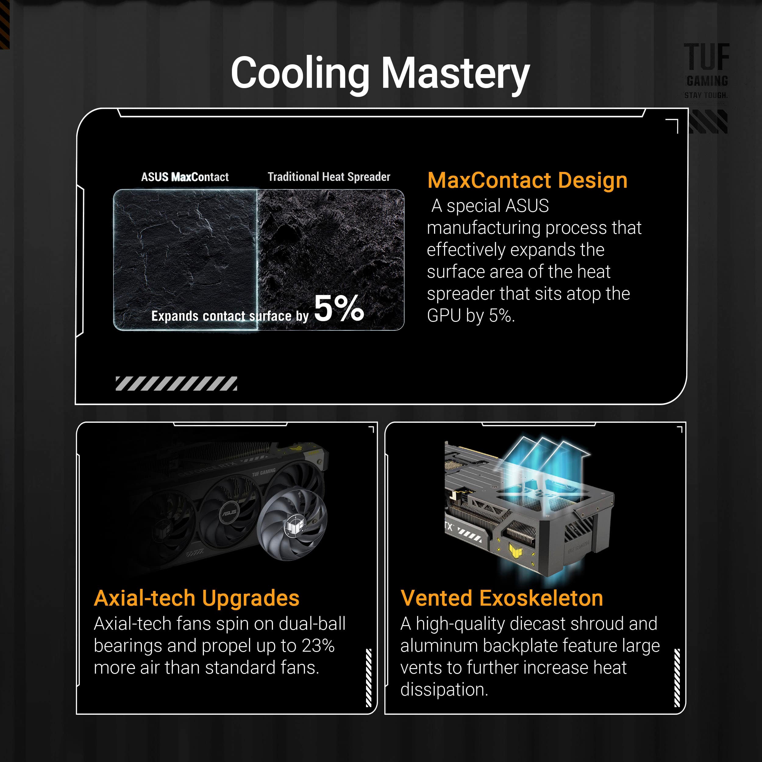 Cooling Mastery:
* TUF GAMING: A special ASUS manufacturing process that effectively expands the surface area of the heat spreader that sits atop the GPU by 5%.
* MaxContact Design: A special ASUS manufacturing process that effectively expands the surface area of the heat spreader that sits atop the GPU by 5%.
* Axial-tech Upgrades: Axial-tech fans spin on dual-ball bearings and propel up to 23% more air than standard fans.
* Vented Exoskeleton: A high-quality diecast shroud and aluminum backplate feature large vents to further increase heat dissipation.