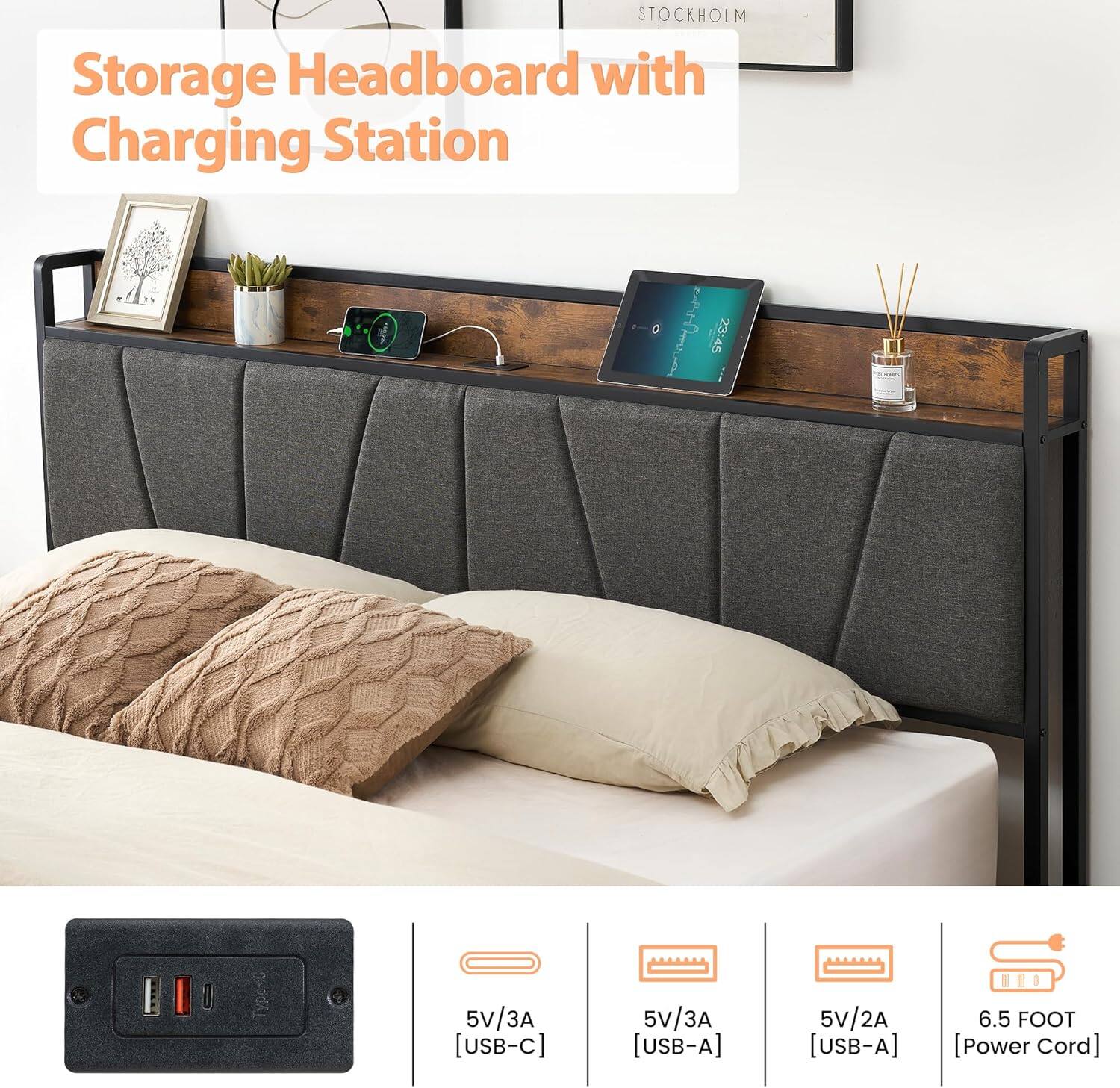 STOCKHOLM Storage Headboard with Charging Station

- 5V/3A [USB-C]
- 5V/3A [USB-A]
- 5V/2A [USB-A]
- 6.5 FOOT [Power Cord]