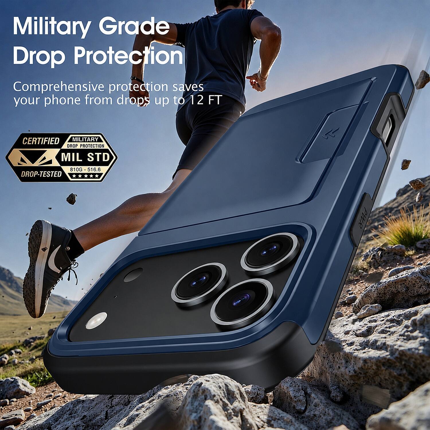 Military Grade Drop Protection  
Comprehensive protection saves your phone from drops up to 12 FT  

CERTIFIED MILITARY DROP PROTECTION  
MIL STD 810G - 516.6 DROP-TESTED