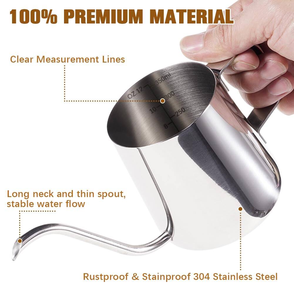 100% PREMIUM MATERIAL

Clear Measurement Lines

Long neck and thin spout, stable water flow

Rustproof & Stainproof 304 Stainless Steel