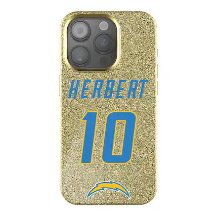 Front. Keyscaper - Justin Herbert Gold Los Angeles Chargers Bling iPhone Case - 14 - Gold.