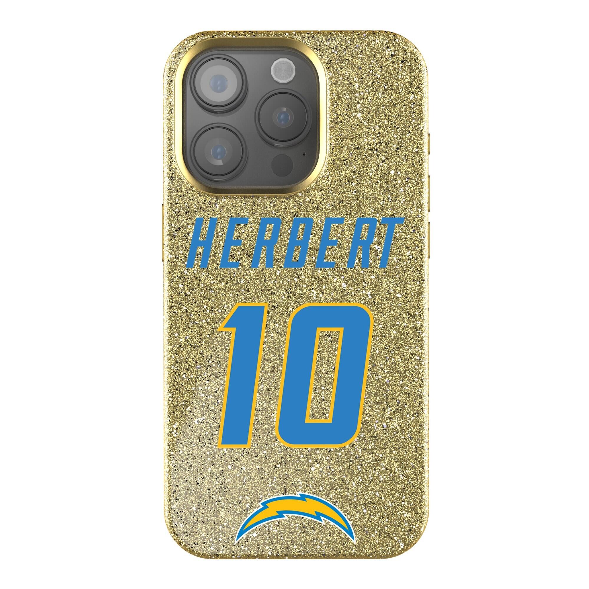 Front. Keyscaper - Justin Herbert Gold Los Angeles Chargers Bling iPhone Case - 14 - Gold.