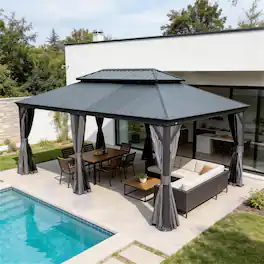 Loheer - Hardtop Gazebo 14x22 Outdoor Pavilion with Resin Roof, Curtains, Mosquito Netting and Drainage Gutters