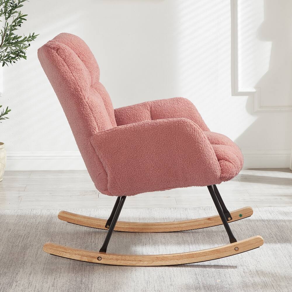 Left. Loheer - Loheer Pink Teddy Fabric Rocking Chair Tufted Upholstered Glider Accent Chair with Metal Frame - Pink.