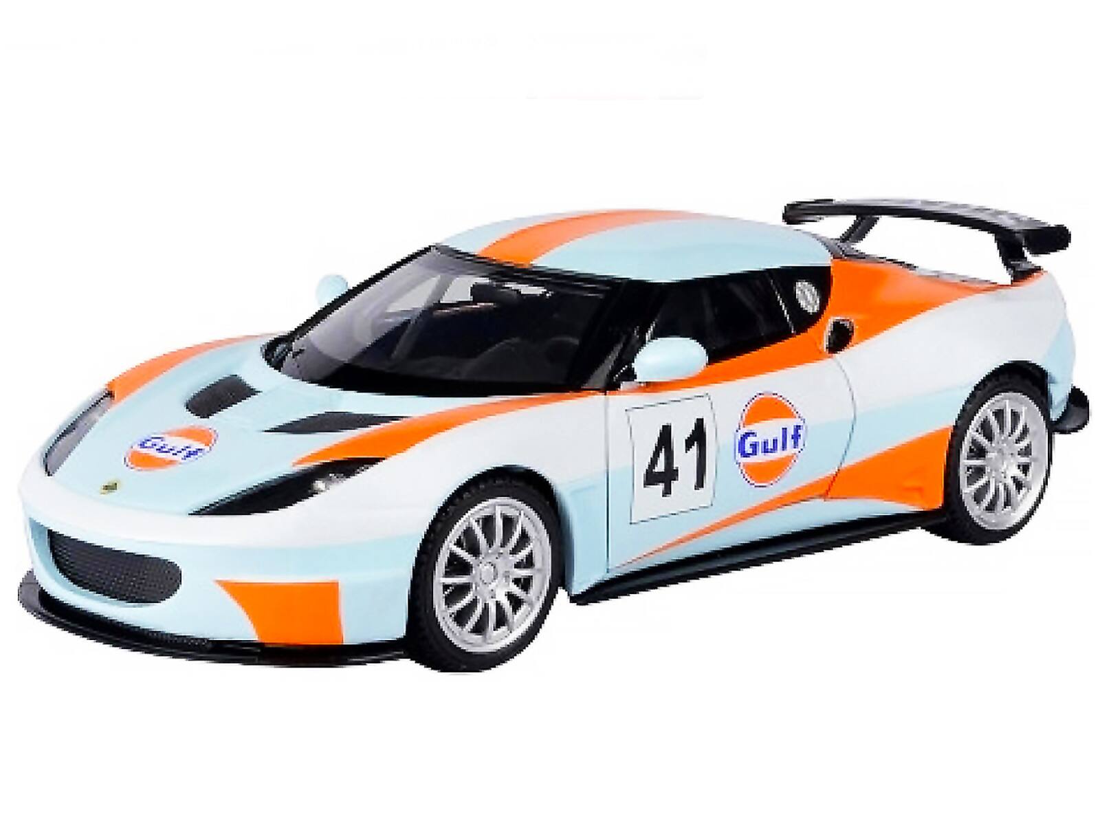 Alt View 1. Motormax - Lotus Evora GT4 #41 "Gulf Oil" Light Blue with White and Orange Stripes 1/24 Diecast Model Car by Motormax.